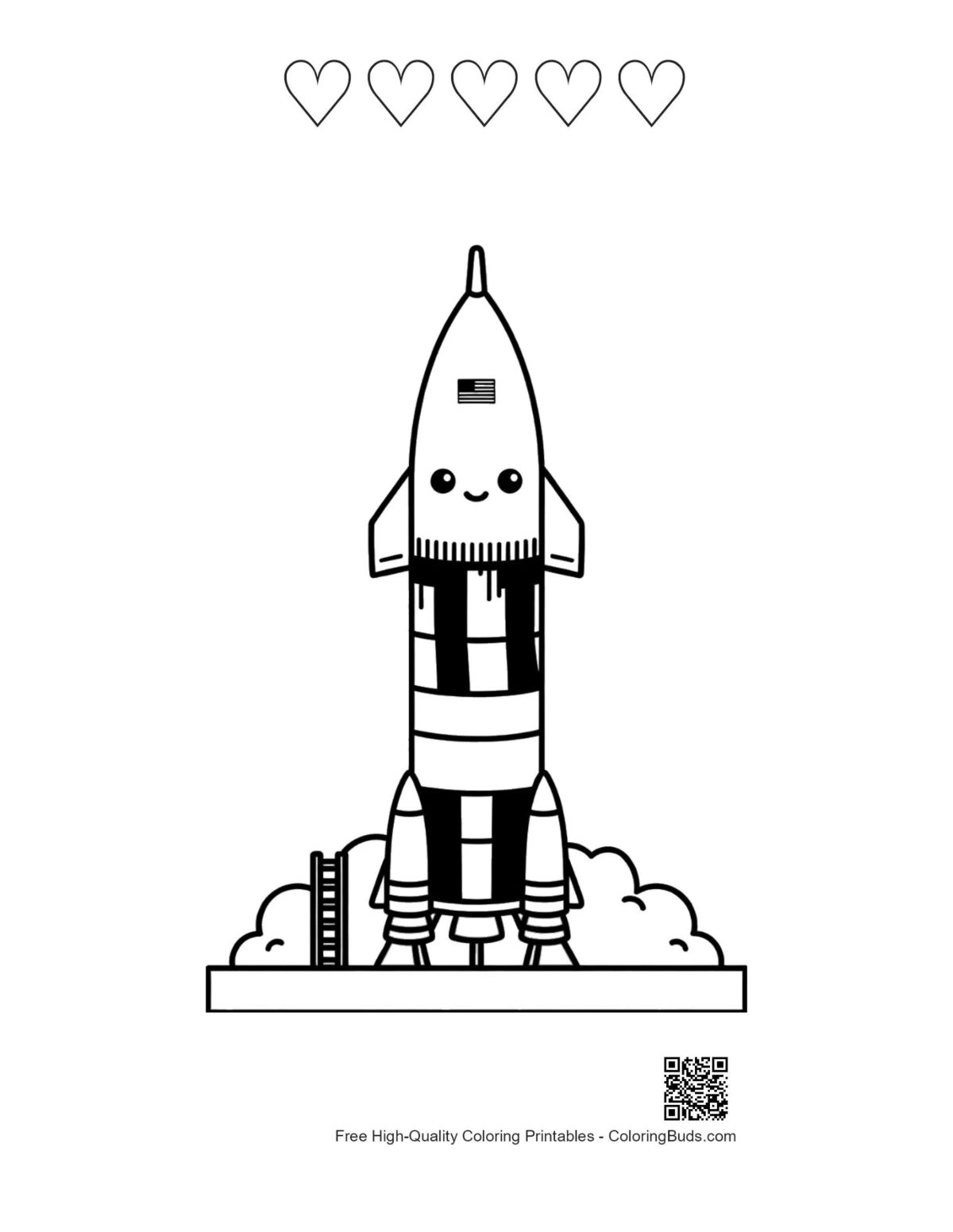 Saturn V rocket page with 5 heart outlines printable