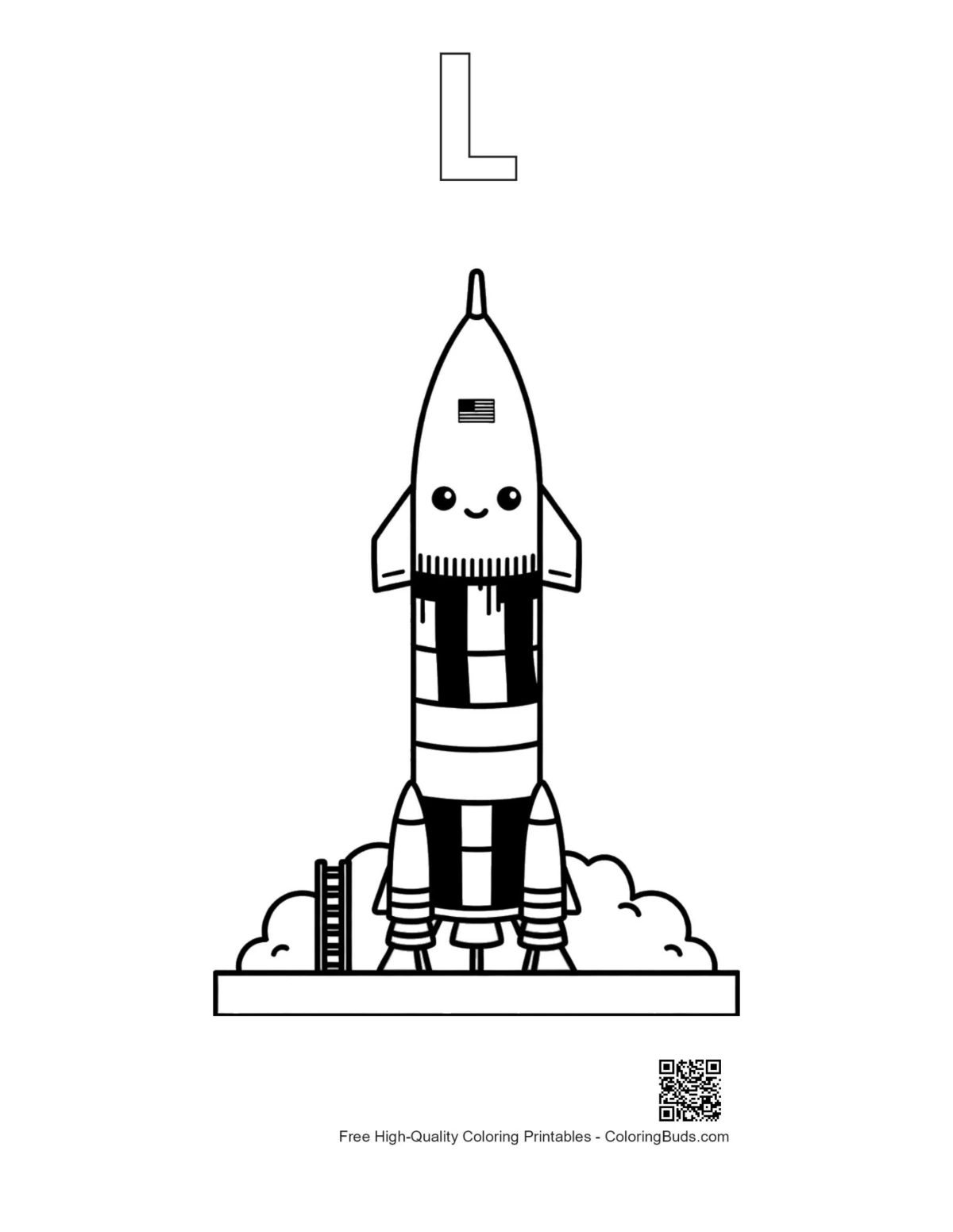 Saturn V rocket launch tower coloring with alphabet L outline