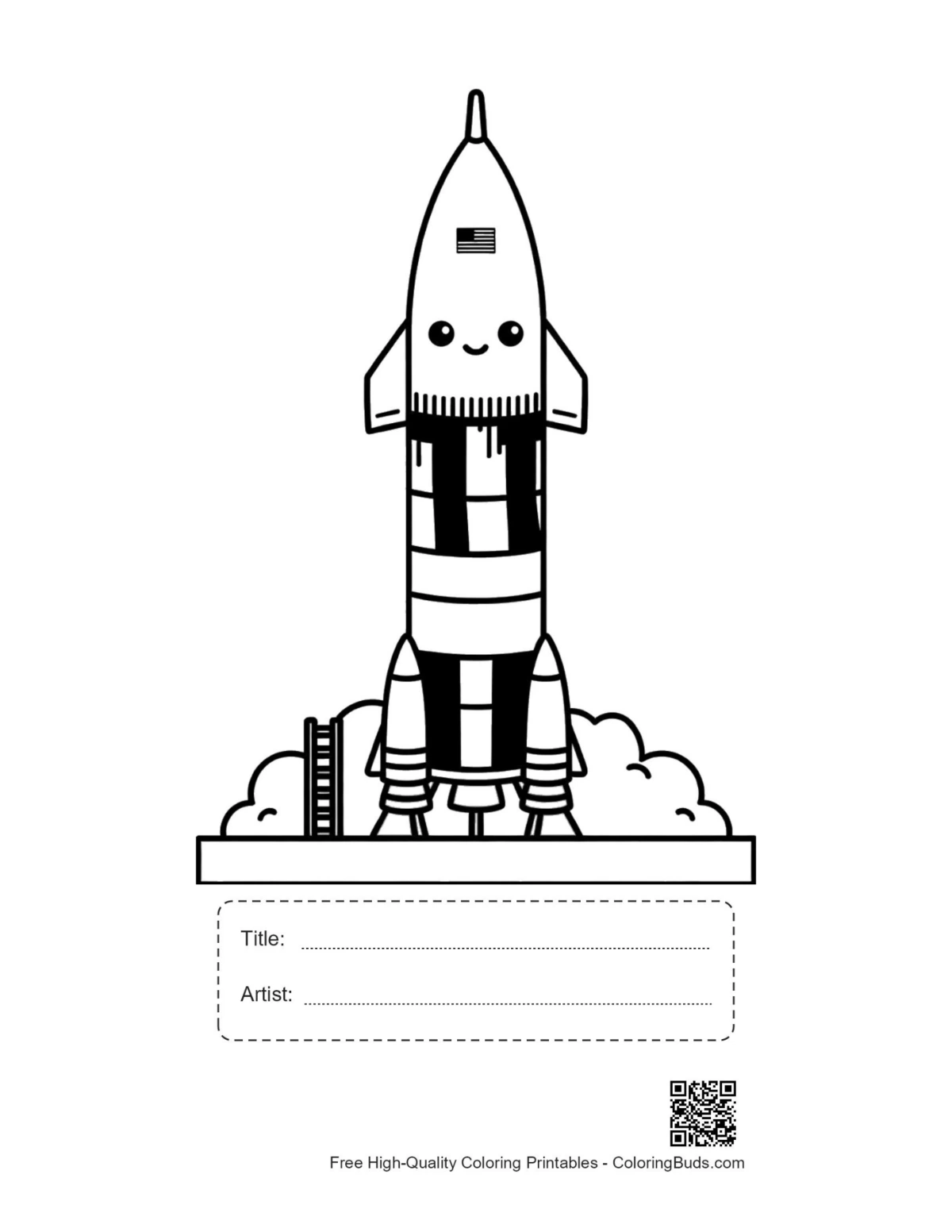 Saturn V rocket coloring page with title artist box