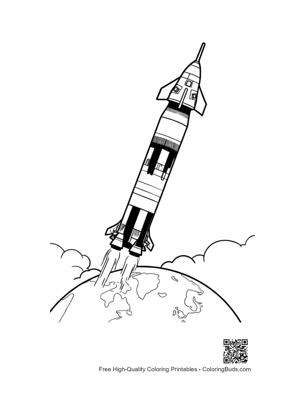Saturn V rocket launch line art printable