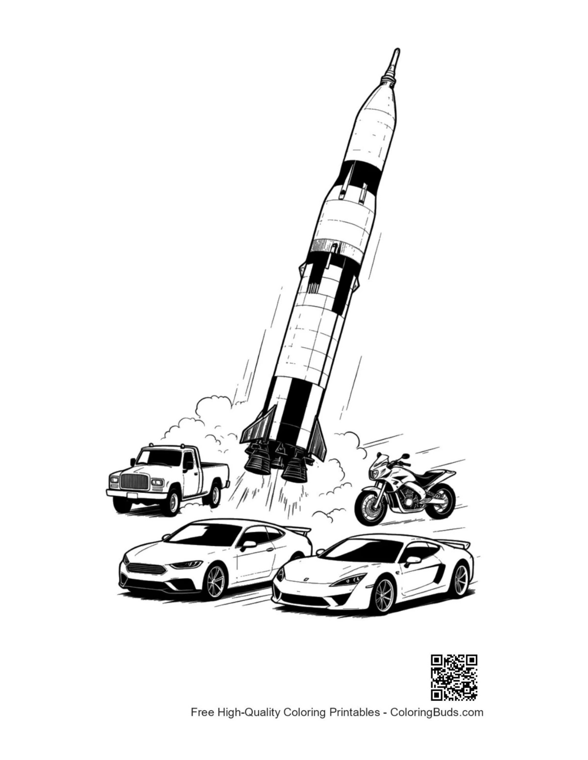 Saturn V rocket launching past speeding vehicles coloring page