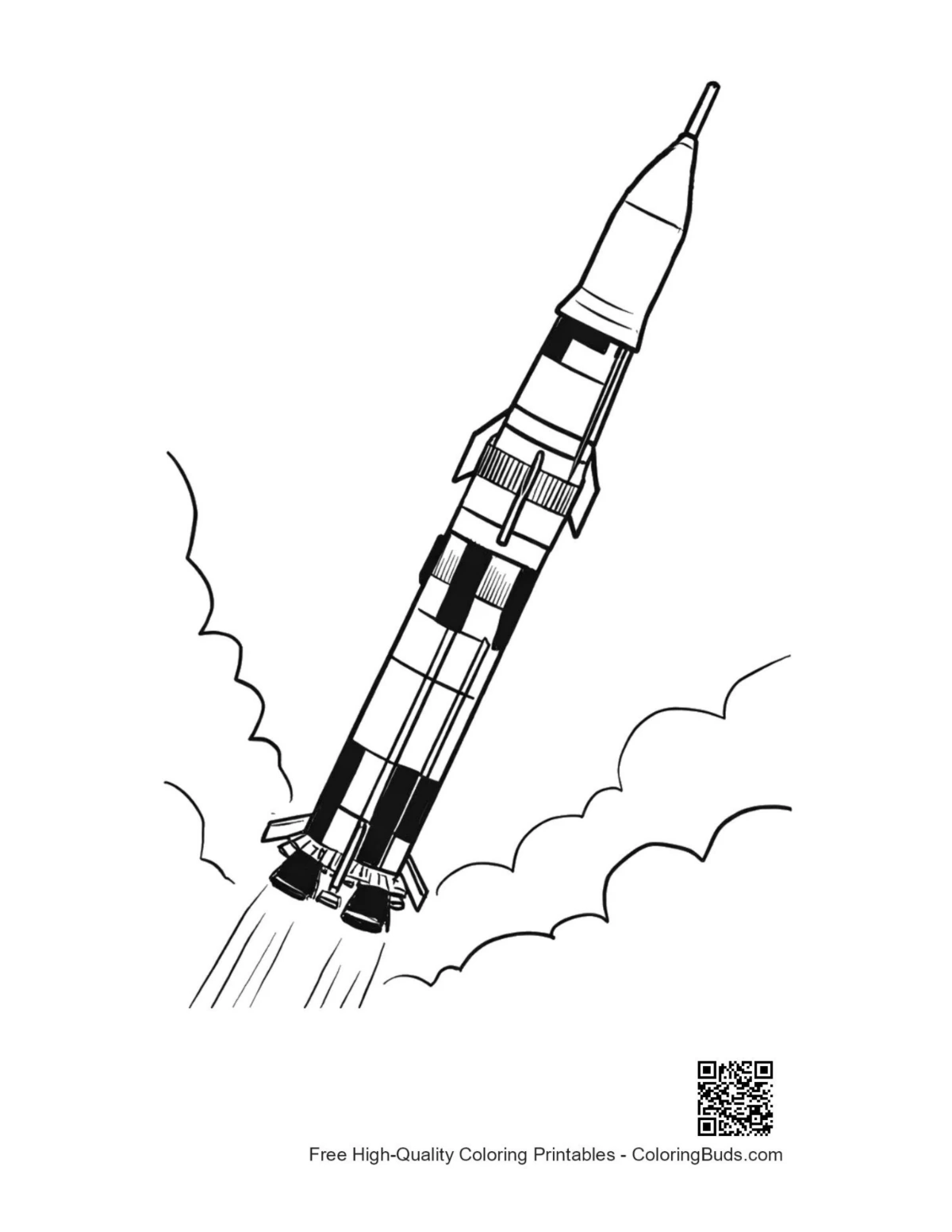 Saturn V rocket launching coloring page
