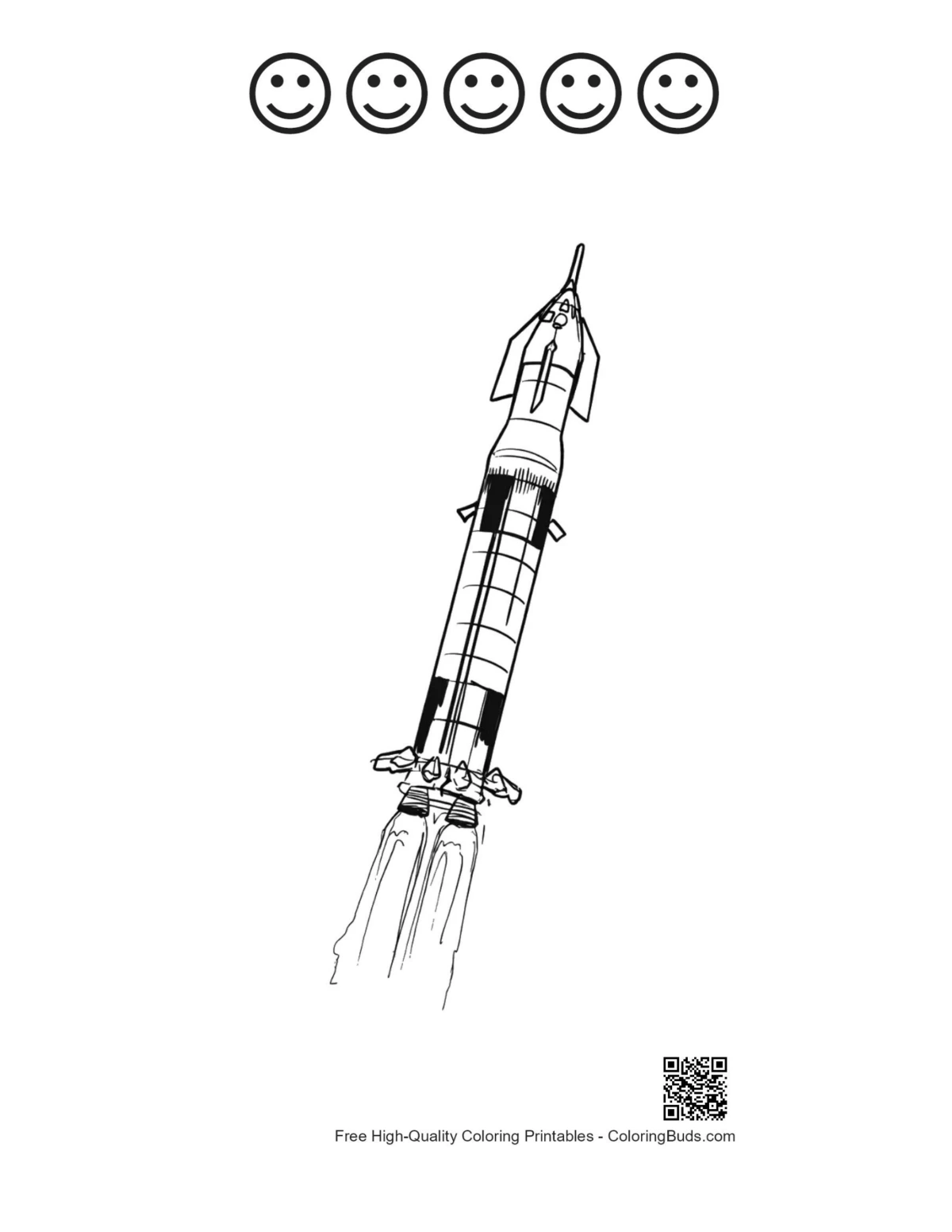 Saturn-V-Raketenstart mit 5 lachenden Gesichtern (Umriss zum Ausdrucken)