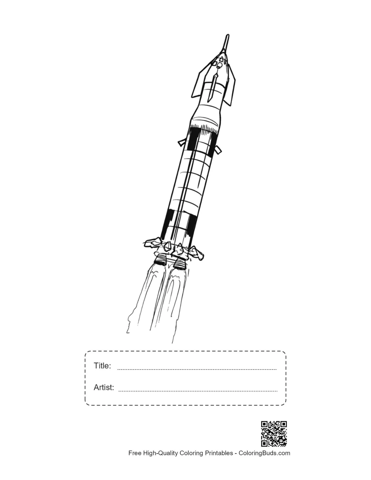 Saturn-V-Raketenstart-Druckvorlage mit Titel und Künstlerbox