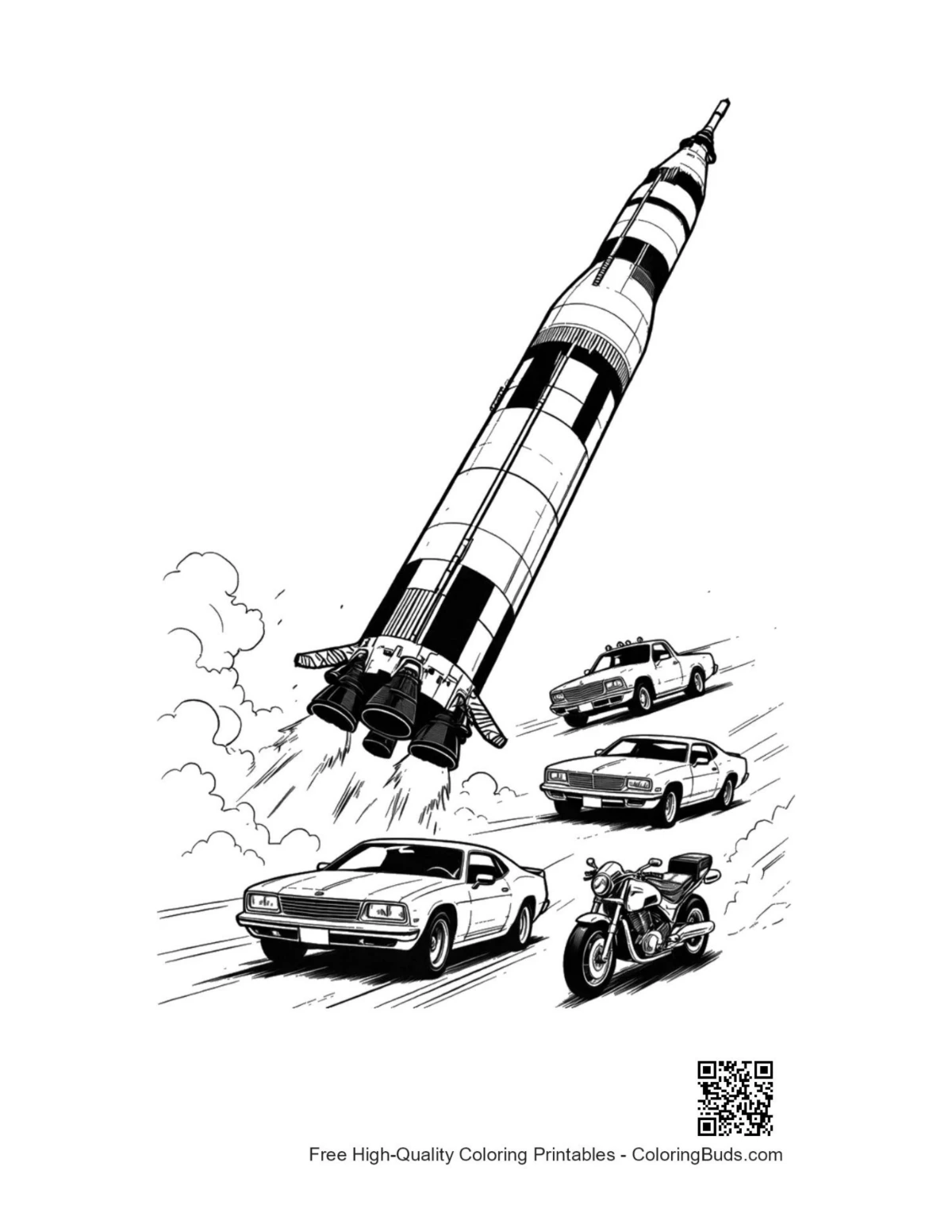 Saturn V rocket racing cars coloring page
