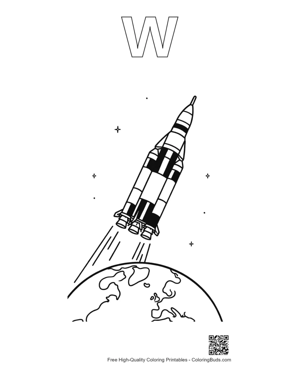 Saturn V coloring page with alphabet W outline