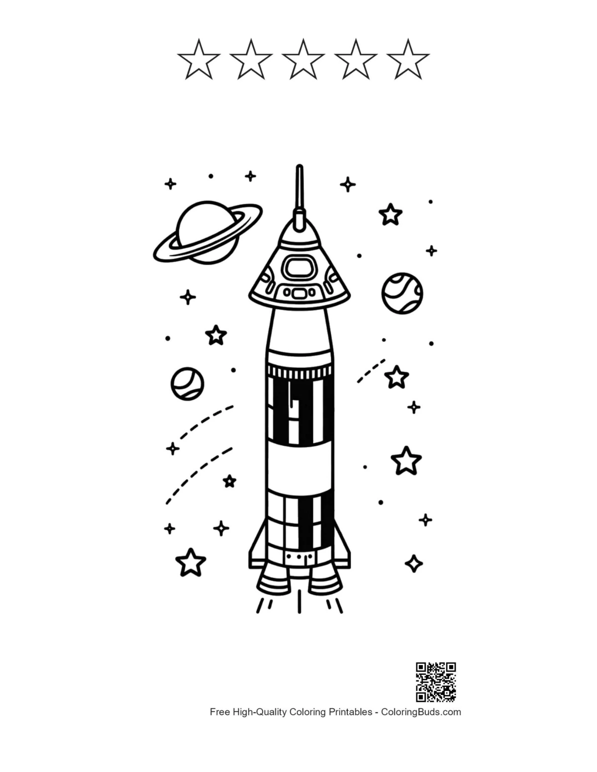 Saturn V printable with 5 star outlines and planets