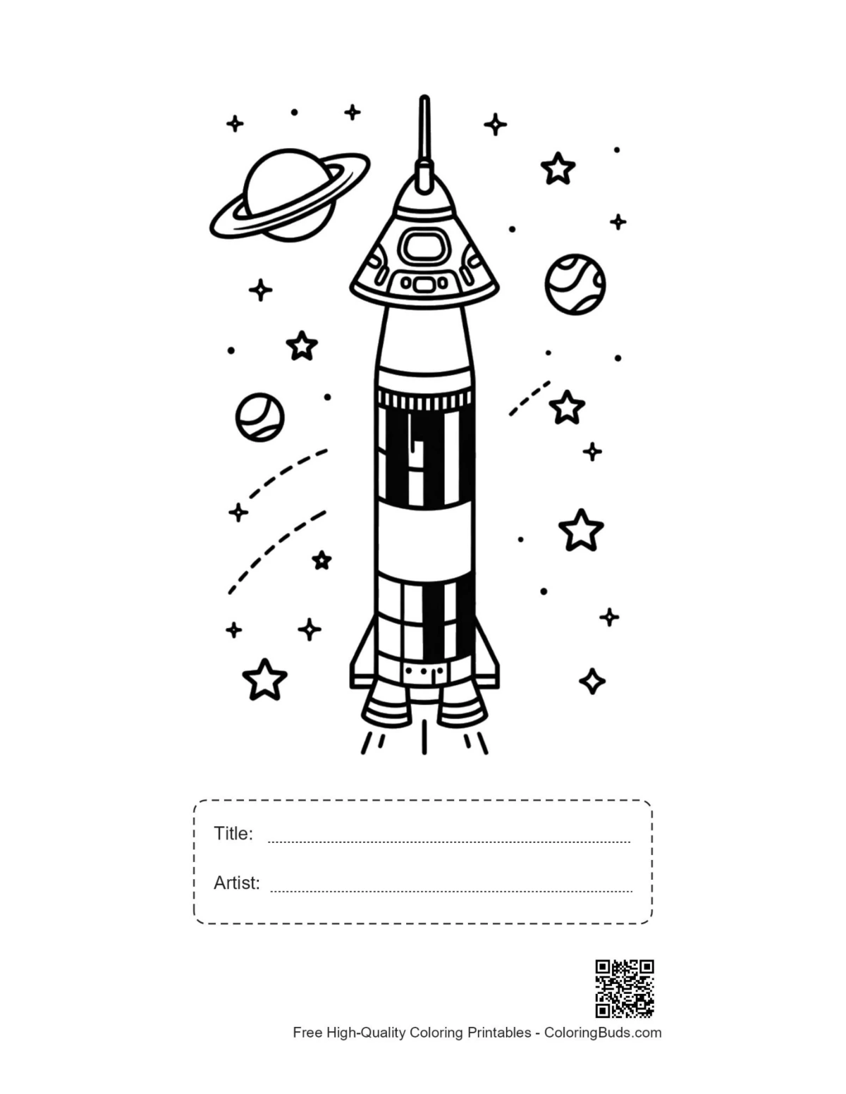 Saturn V coloring page with title box and planets