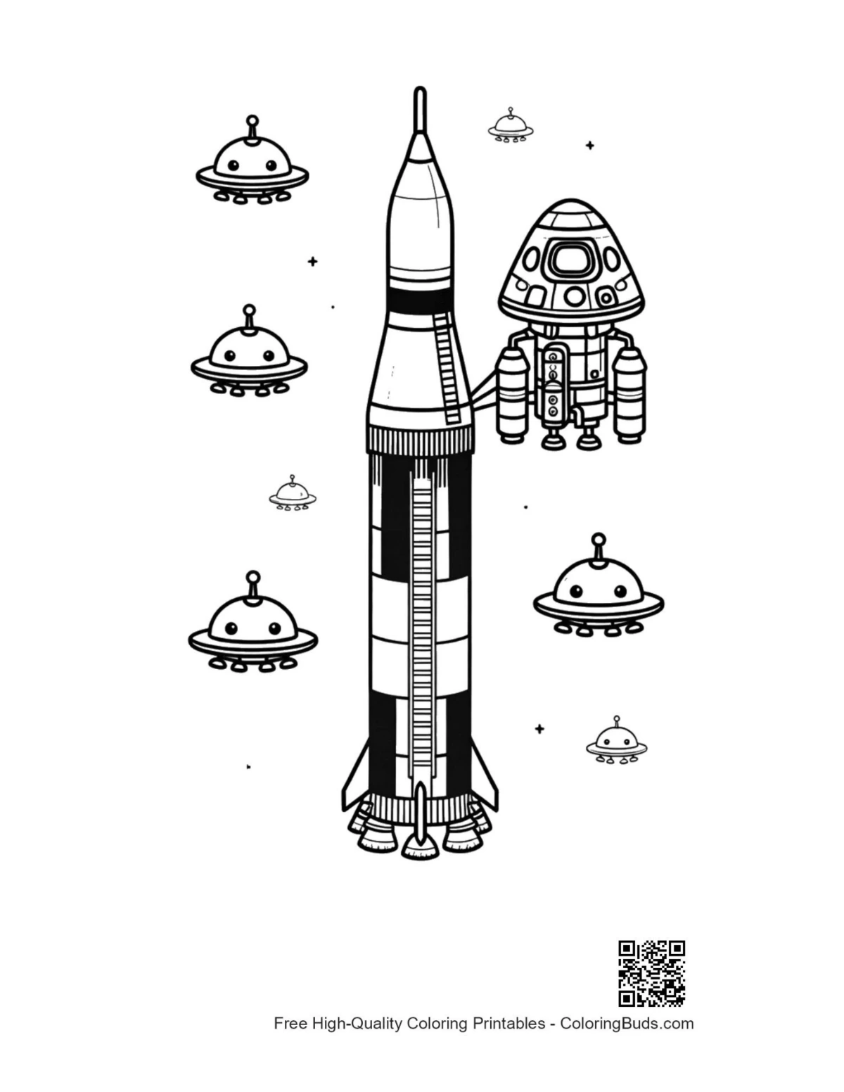 Saturn V rocket printable with astronauts and UFOs