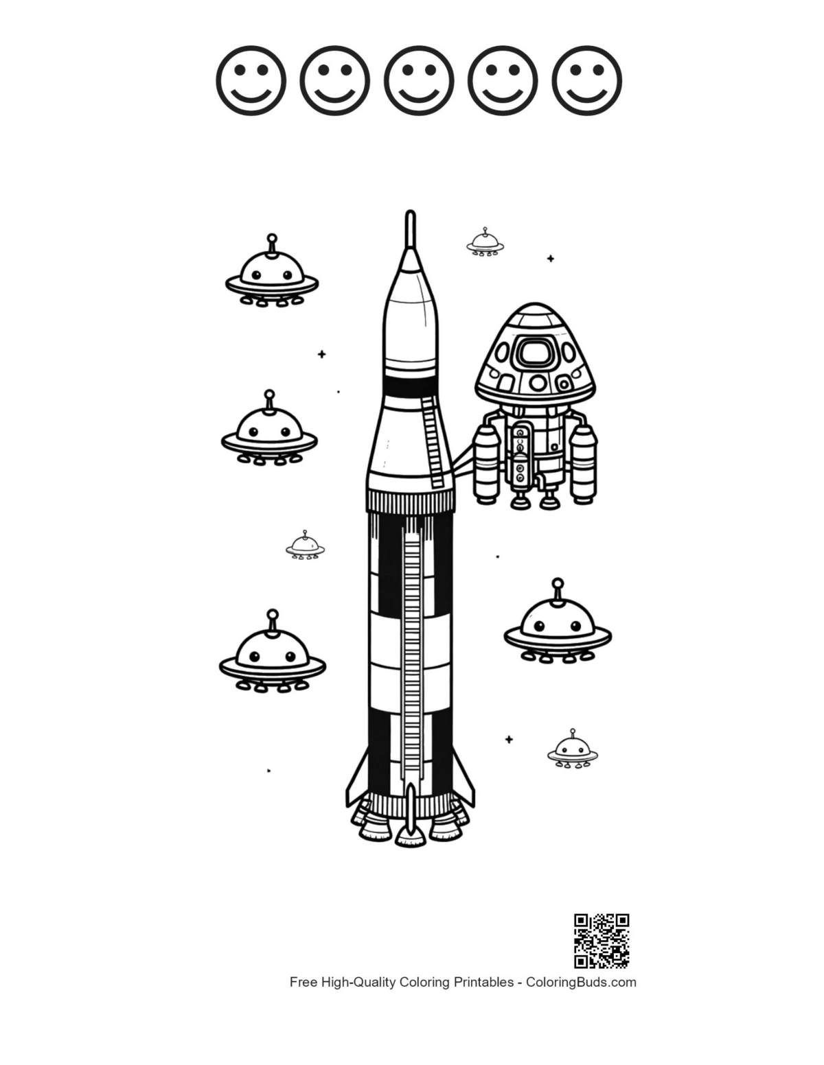 Saturn V sheet with happy faces and UFOs printable