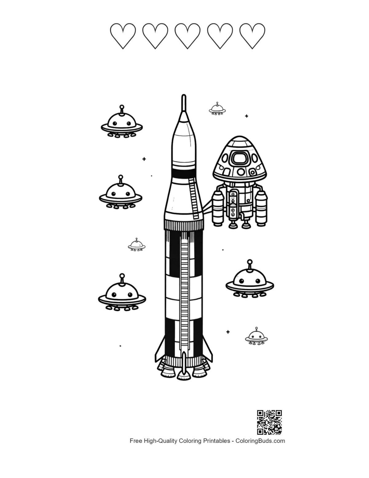 Saturn V coloring printable with heart outlines