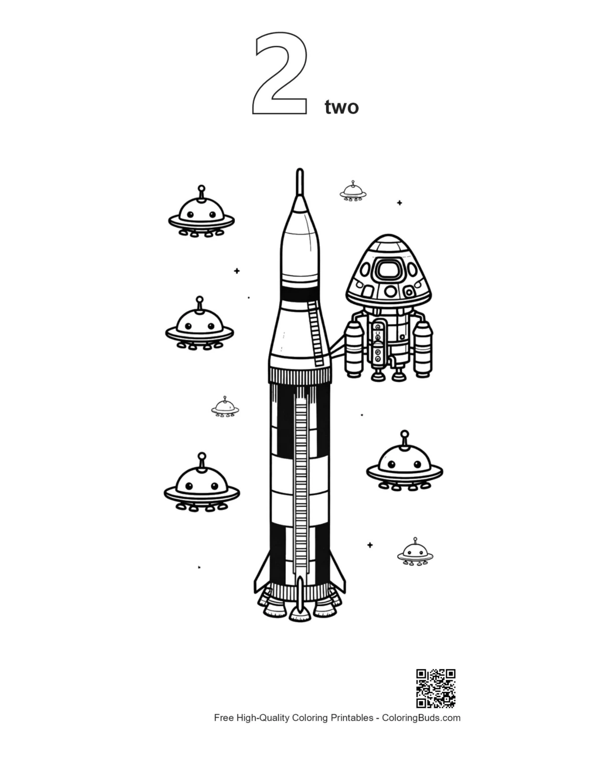 Saturn V outline coloring page version 2 with UFOs