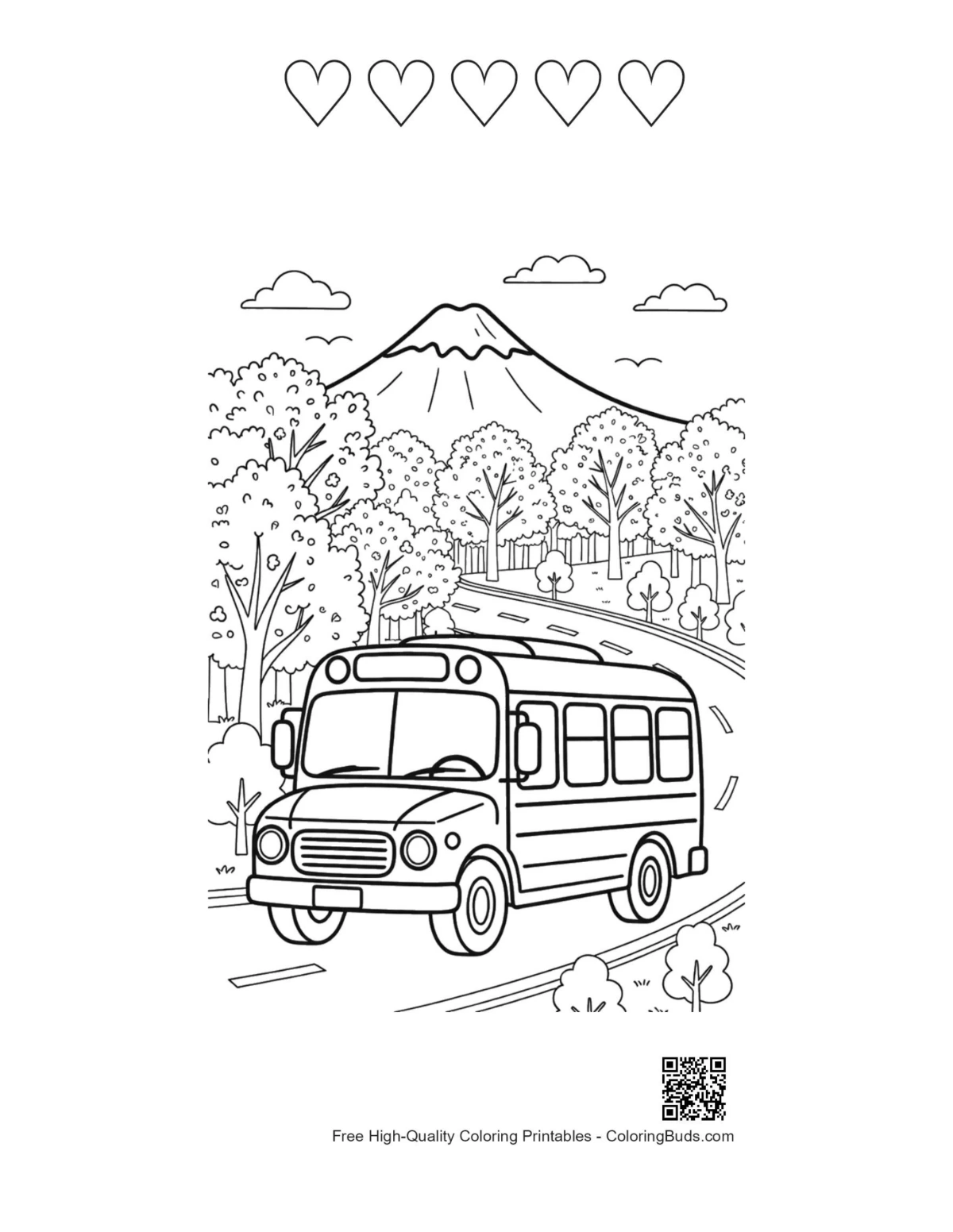 Yellow bus mountain printable 5 heart outlines