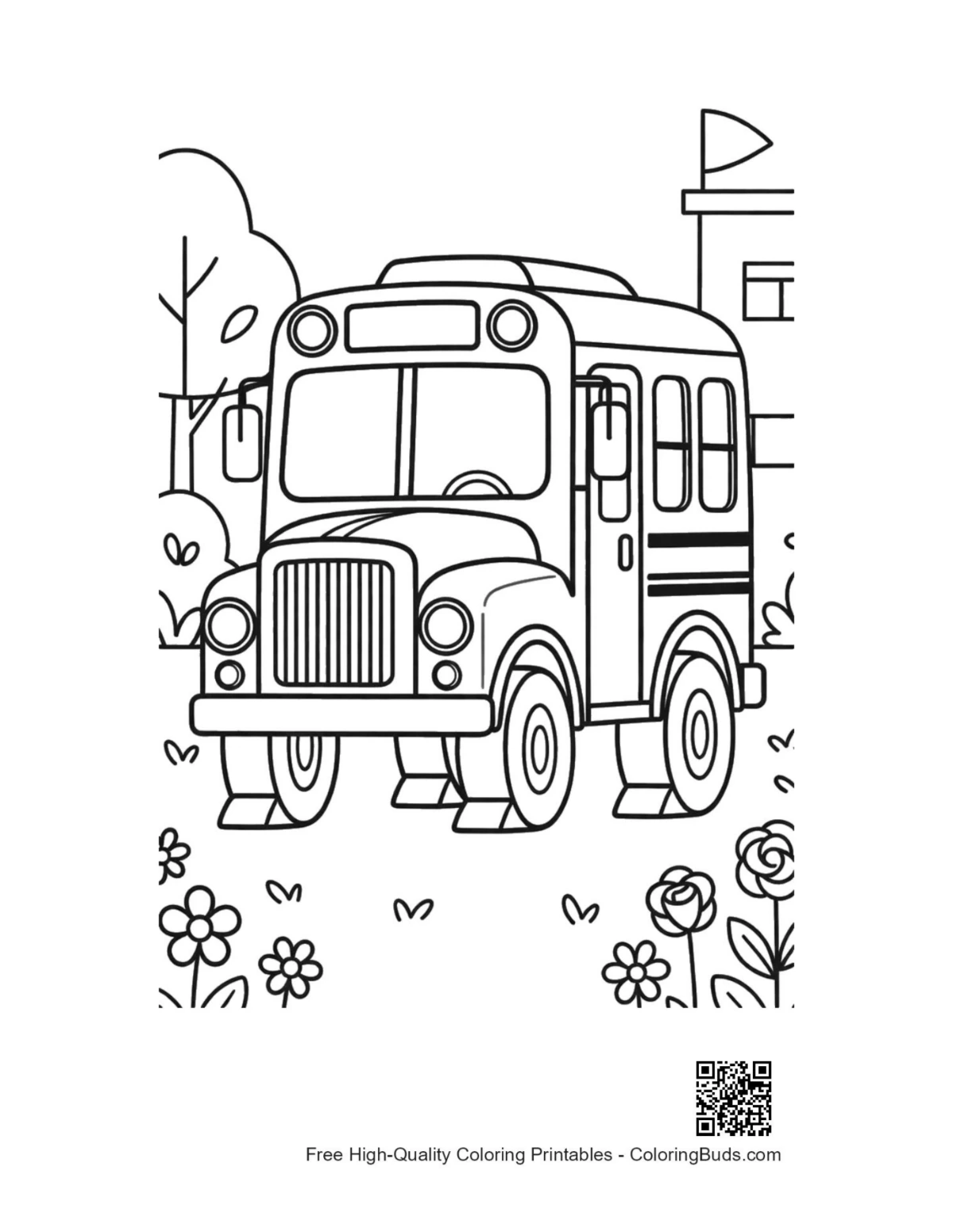 Yellow school bus in floral garden coloring page