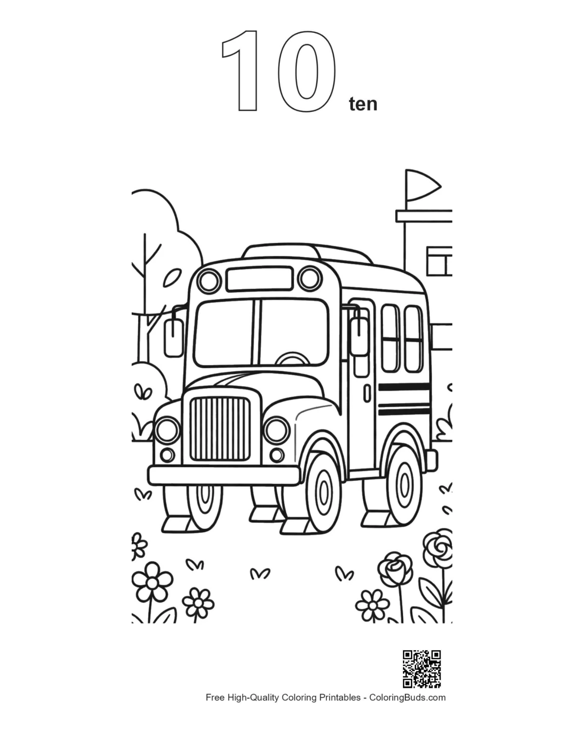 Yellow bus garden coloring page number 10 outline
