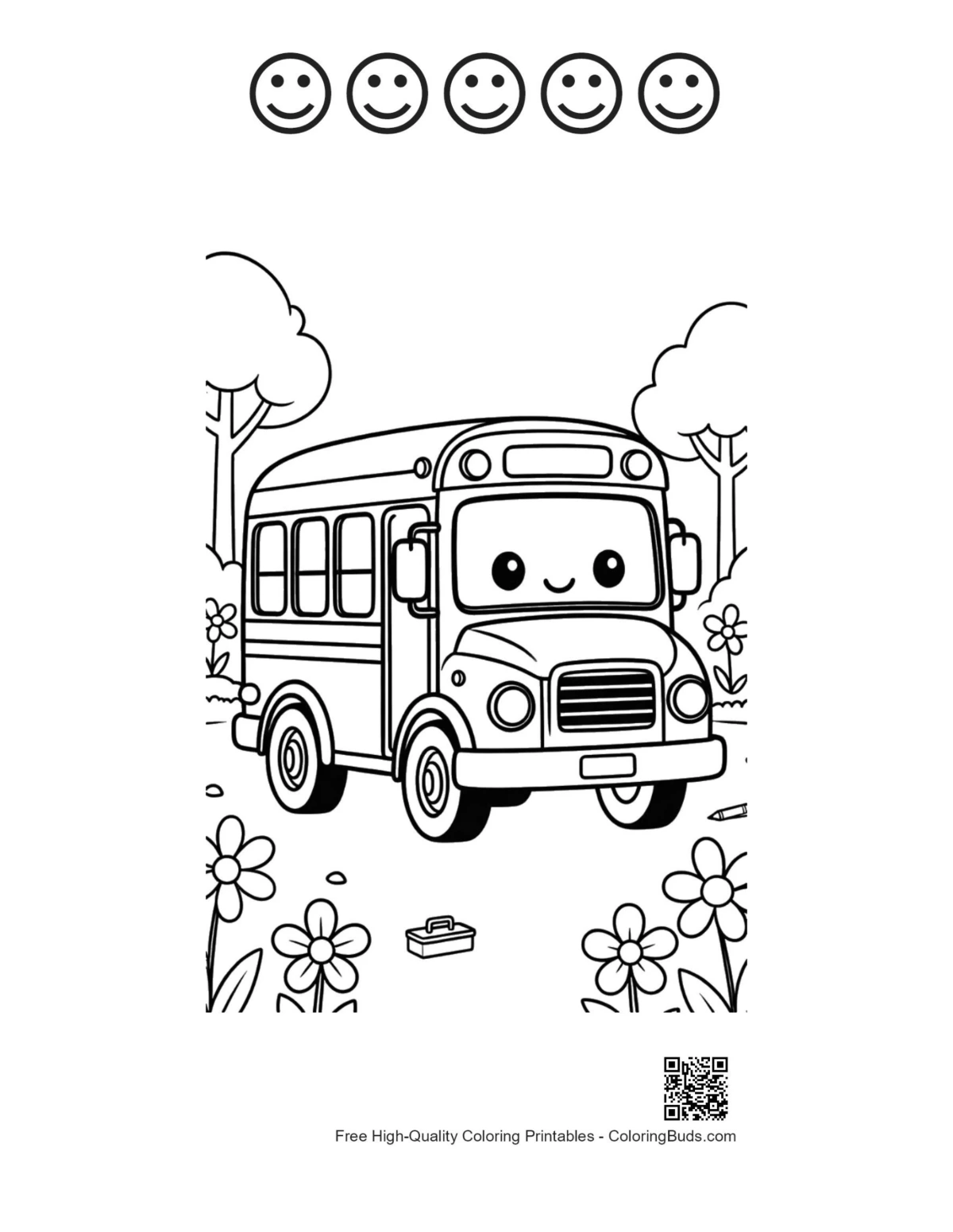 School bus with 5 happy face outlines printable