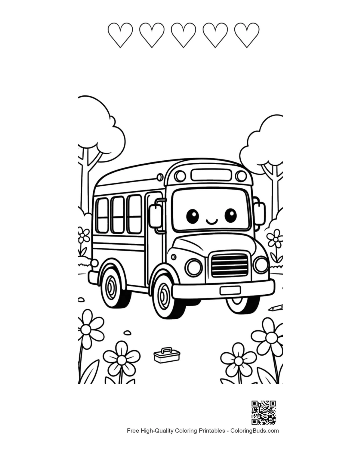 School bus printable featuring 5 heart outlines