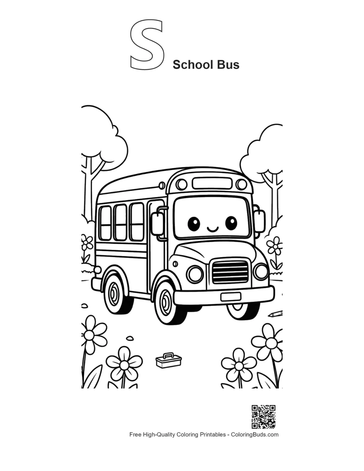 School bus outline with alphabet S in flower field