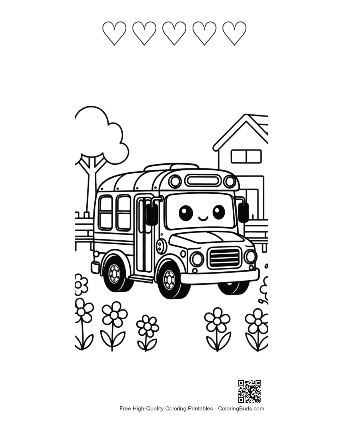 Cute yellow bus with 5 hearts outline printable sheet