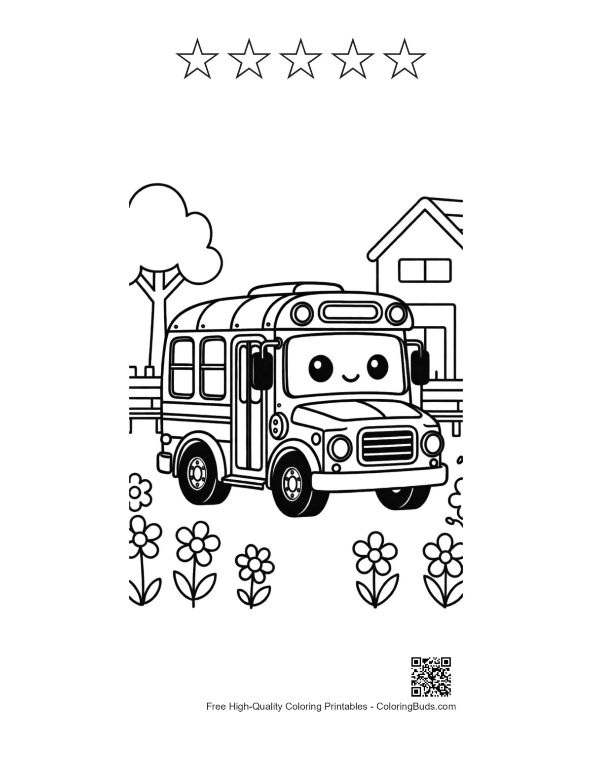 Cute yellow bus with 5 stars outline printable coloring