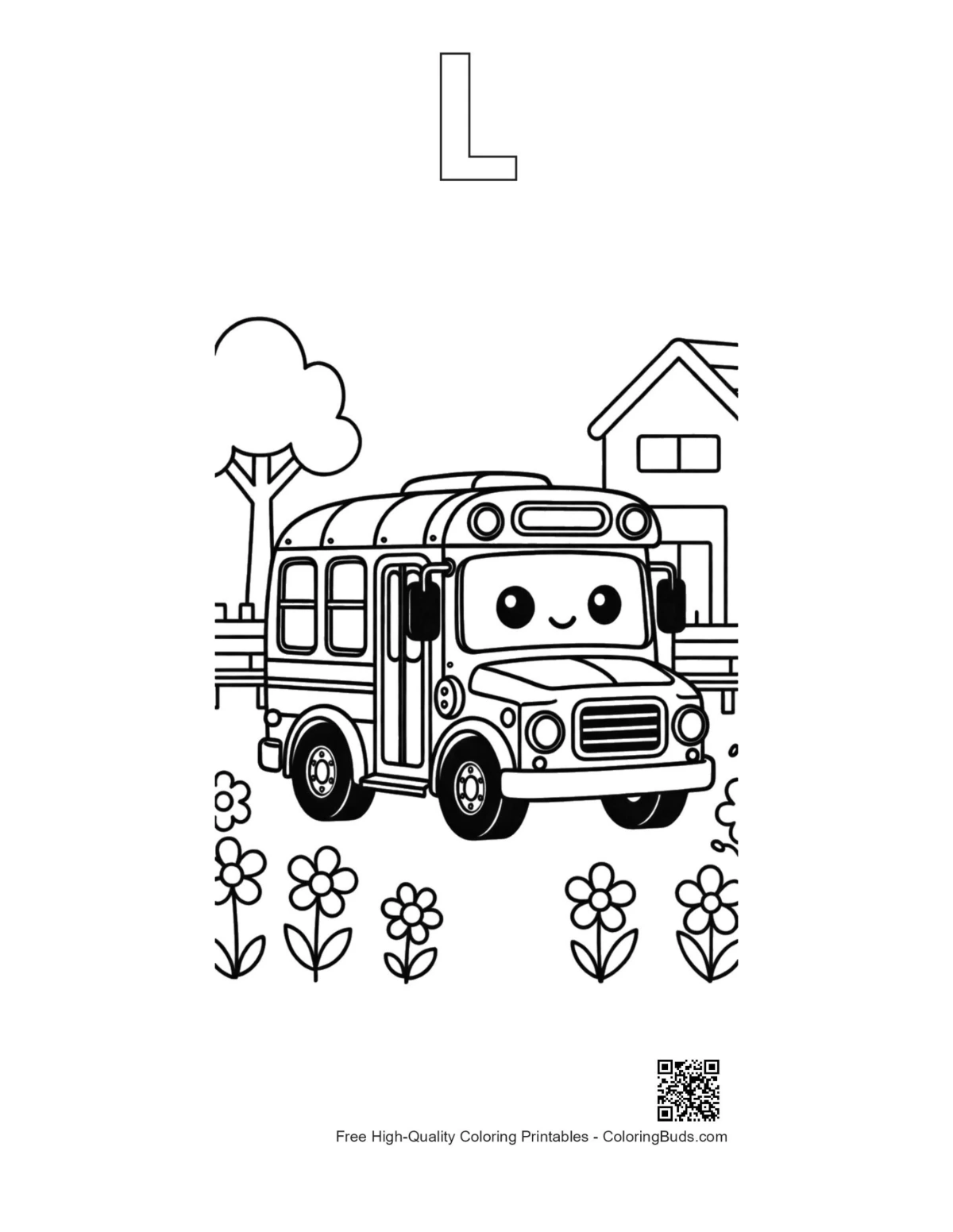 Cute yellow bus with alphabet L outline printable page