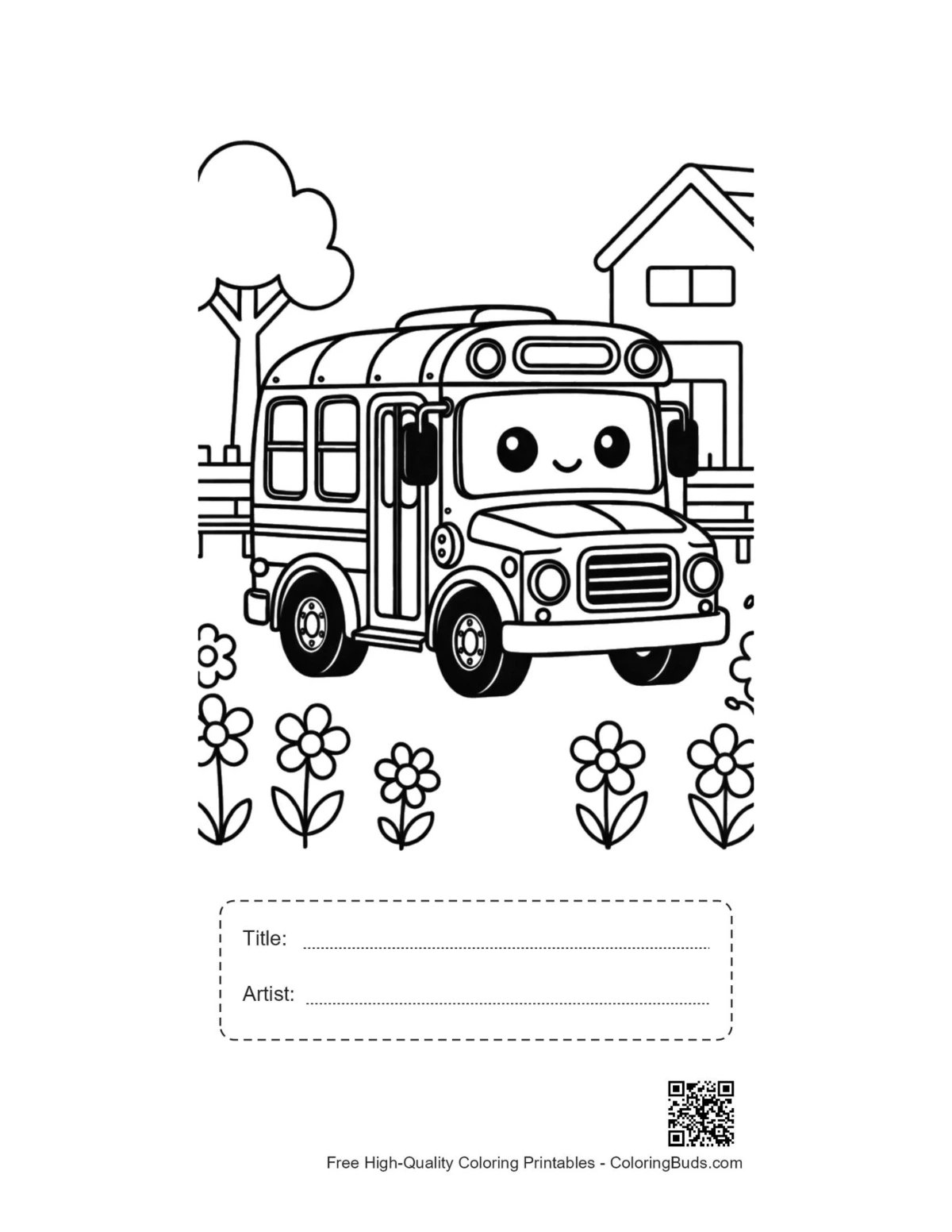 Cute yellow bus printable with title artist box outline