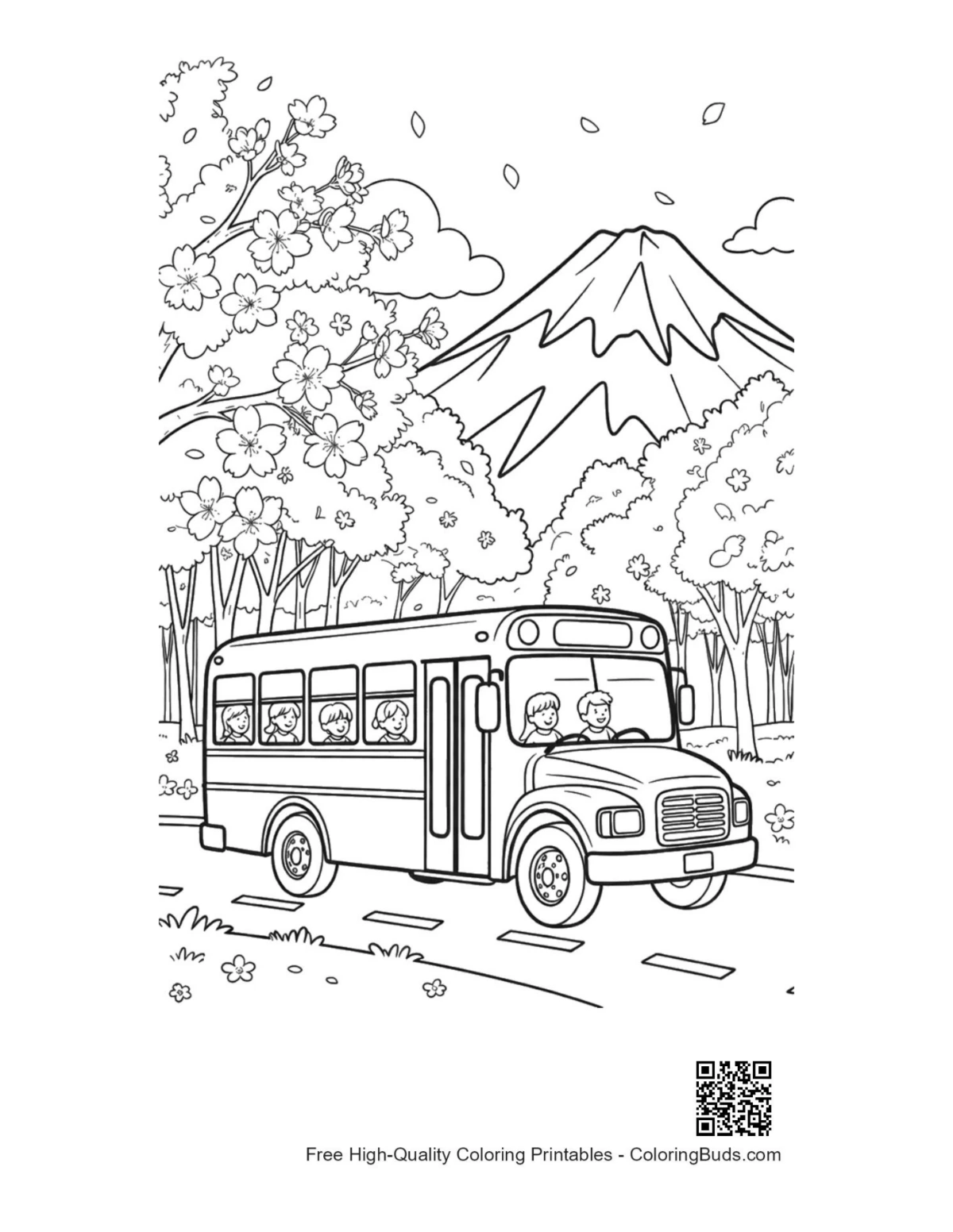 Yellow school bus near snowy mountains coloring printable