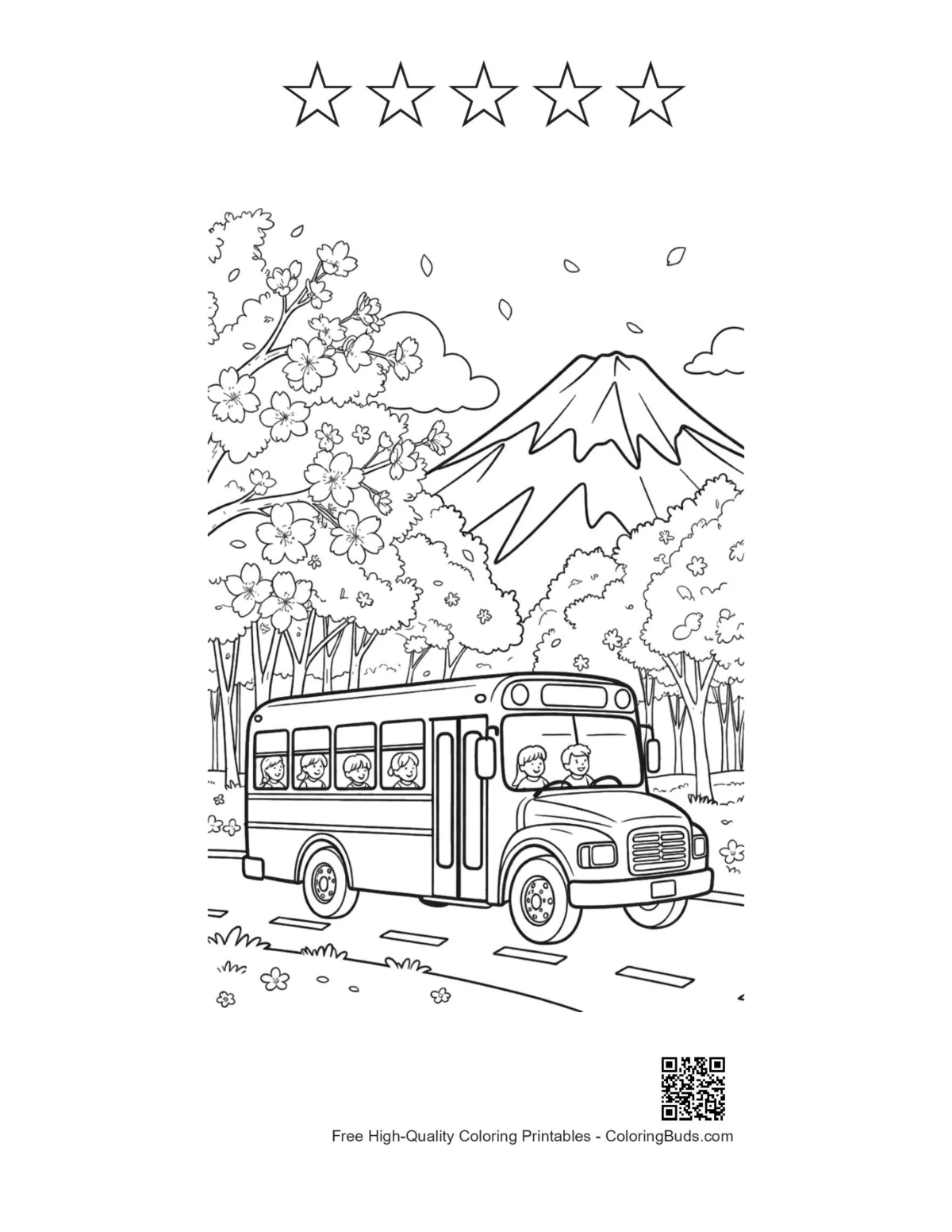 Yellow bus snowy range with 5 stars outline