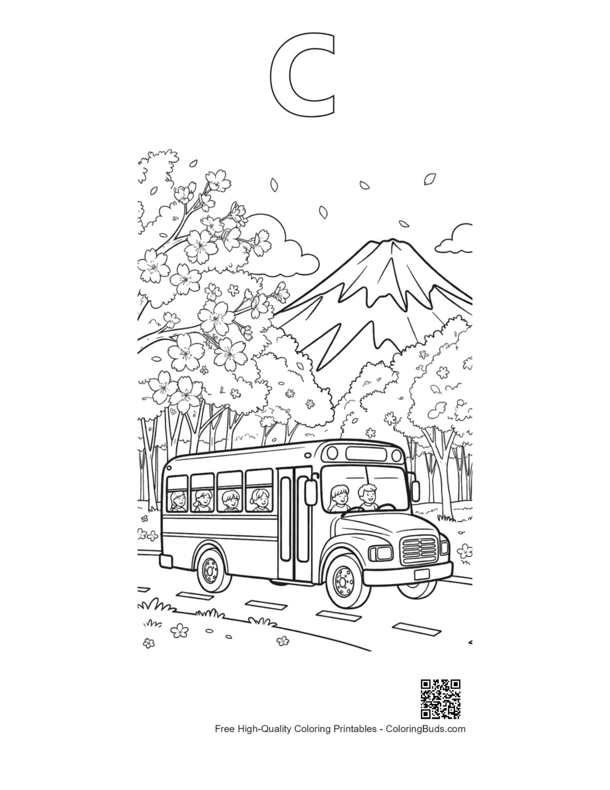 Yellow bus mountains outline with alphabet C