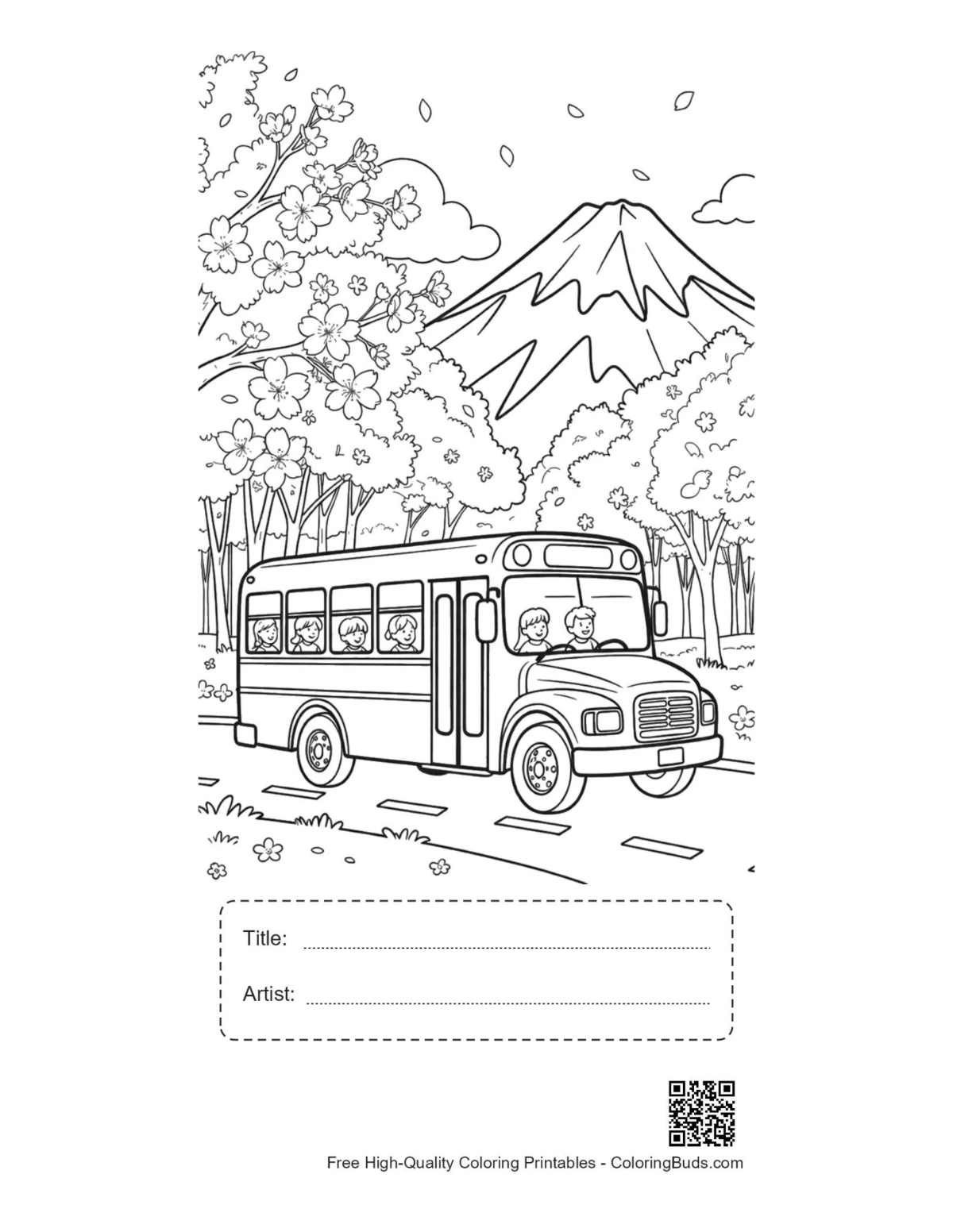 Yellow bus snowy mountains printable with title box