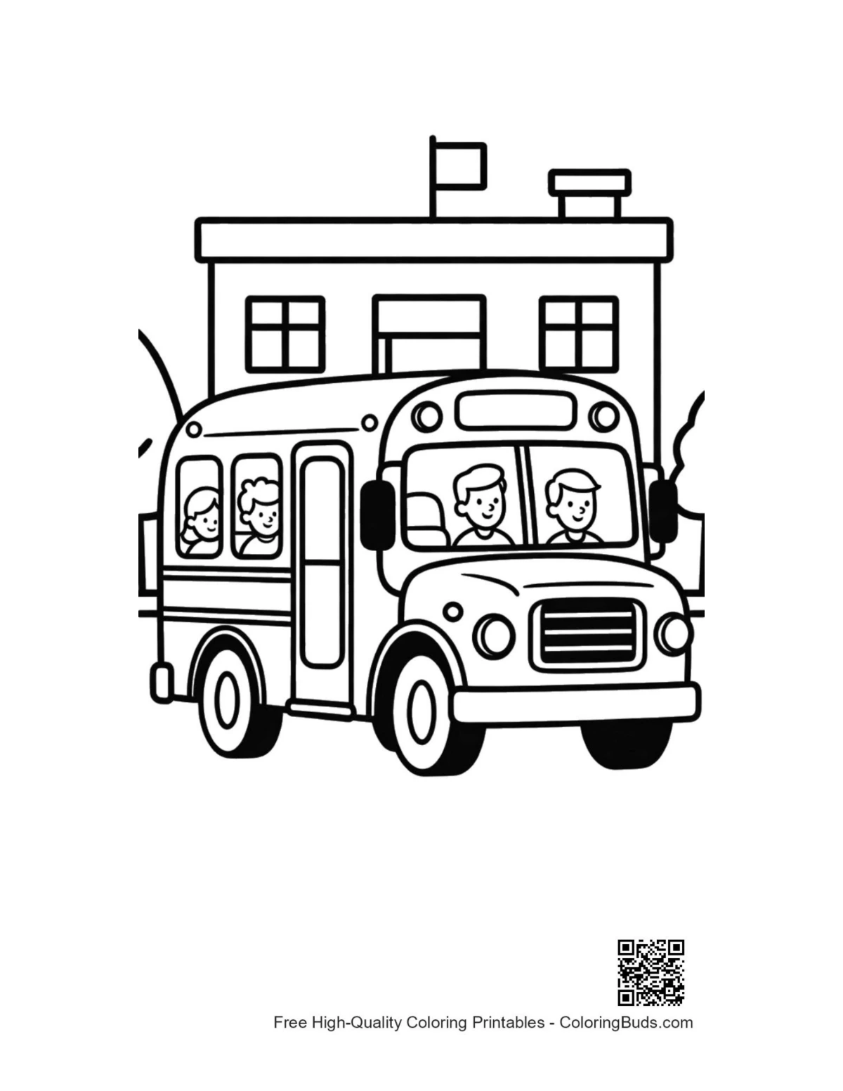 Detailed yellow school bus with kids at windows coloring page