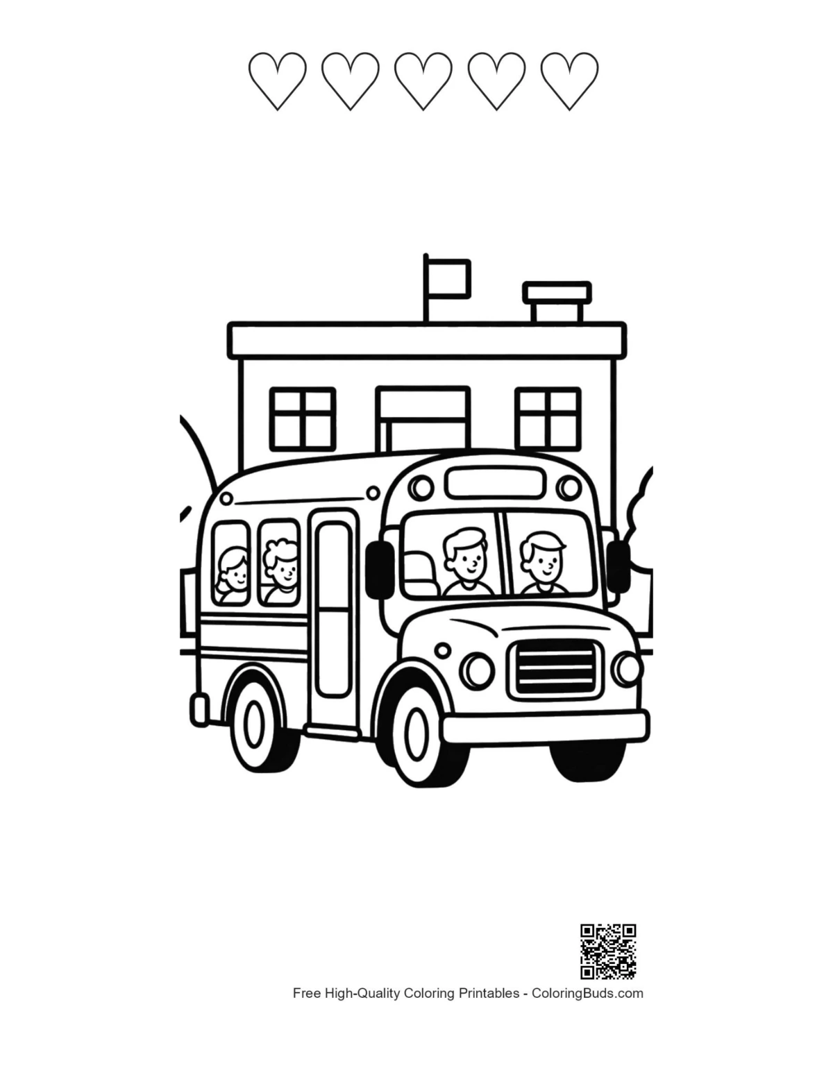 Detailed yellow bus coloring with hearts and window kids