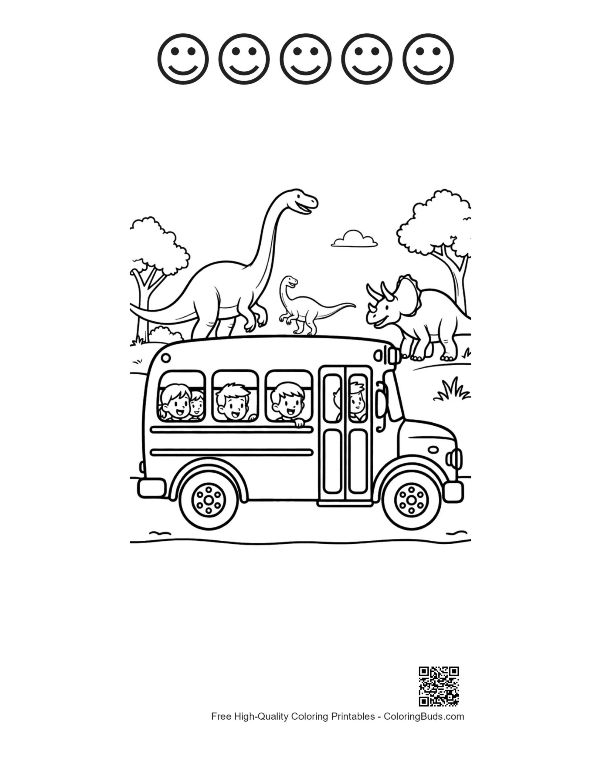 Dinosaur bus 5 happy faces outline prehistoric land