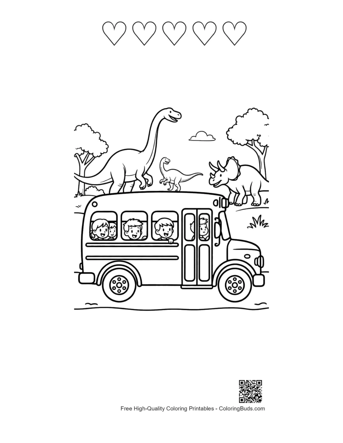 Dinosaur bus with 5 heart outlines long necks printable
