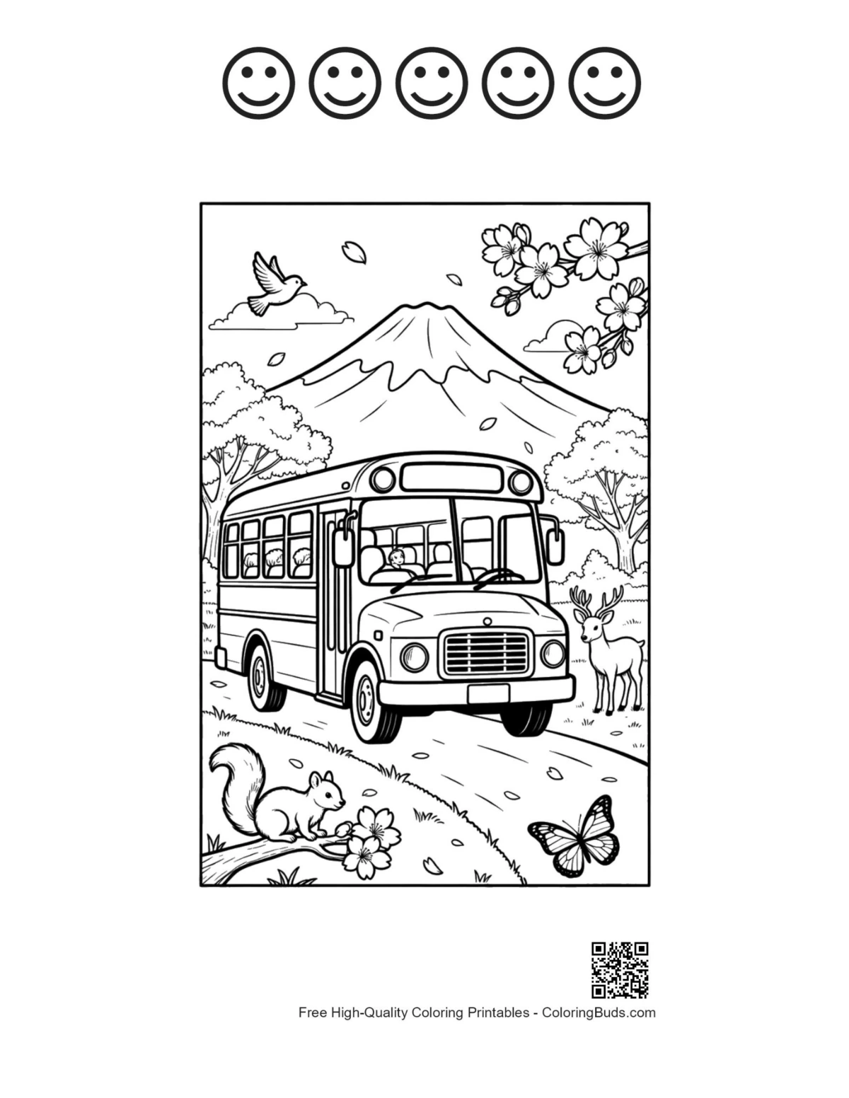 Yellow bus 5 happy faces outline printable