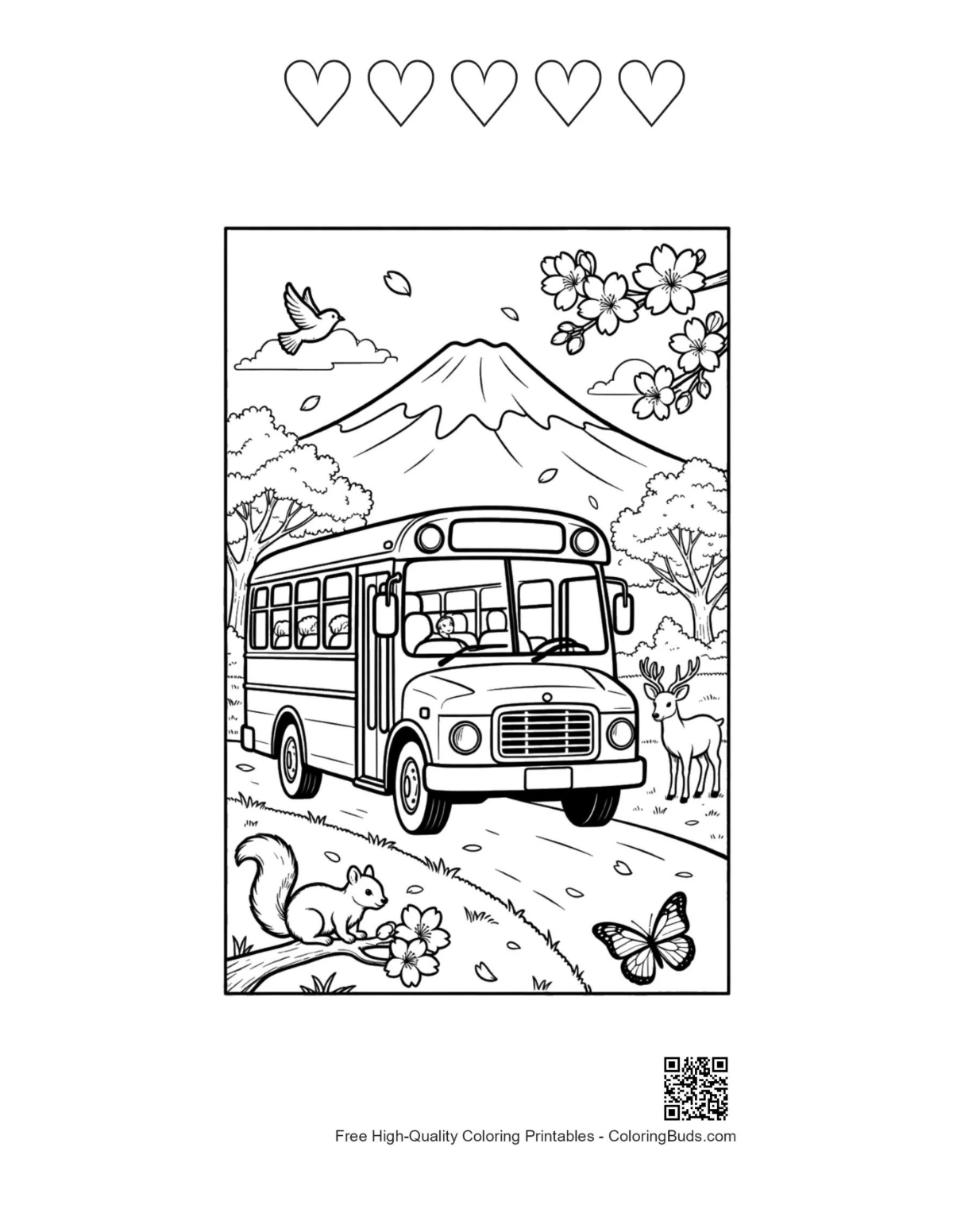 Yellow bus with 5 hearts outline printable