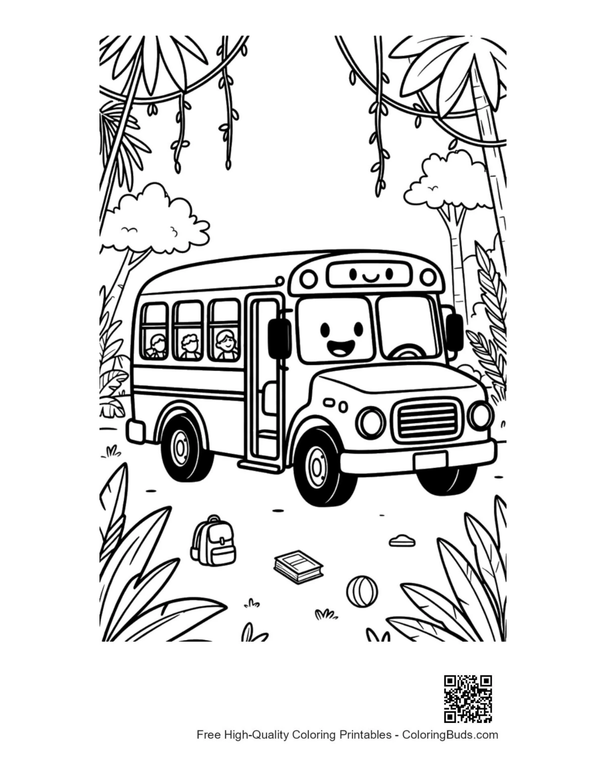 Free printable yellow bus coloring page for kids