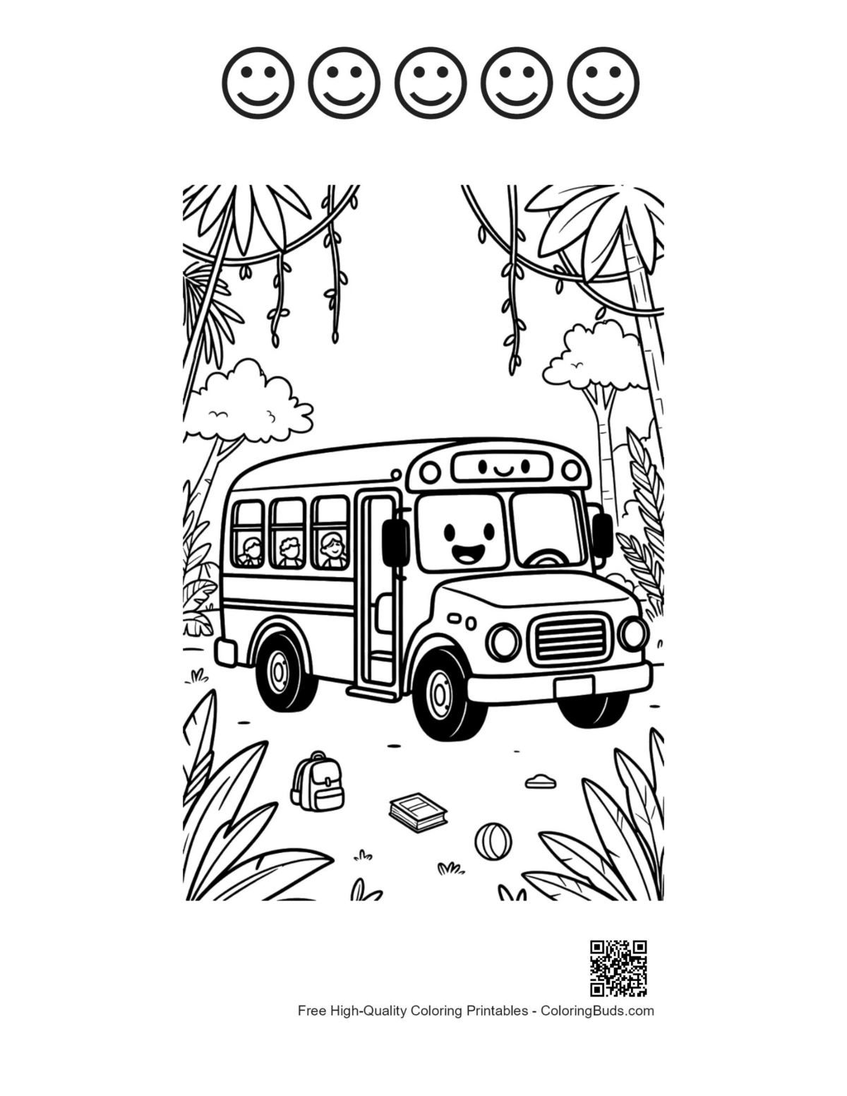 Printable yellow bus with 5 happy faces outlines