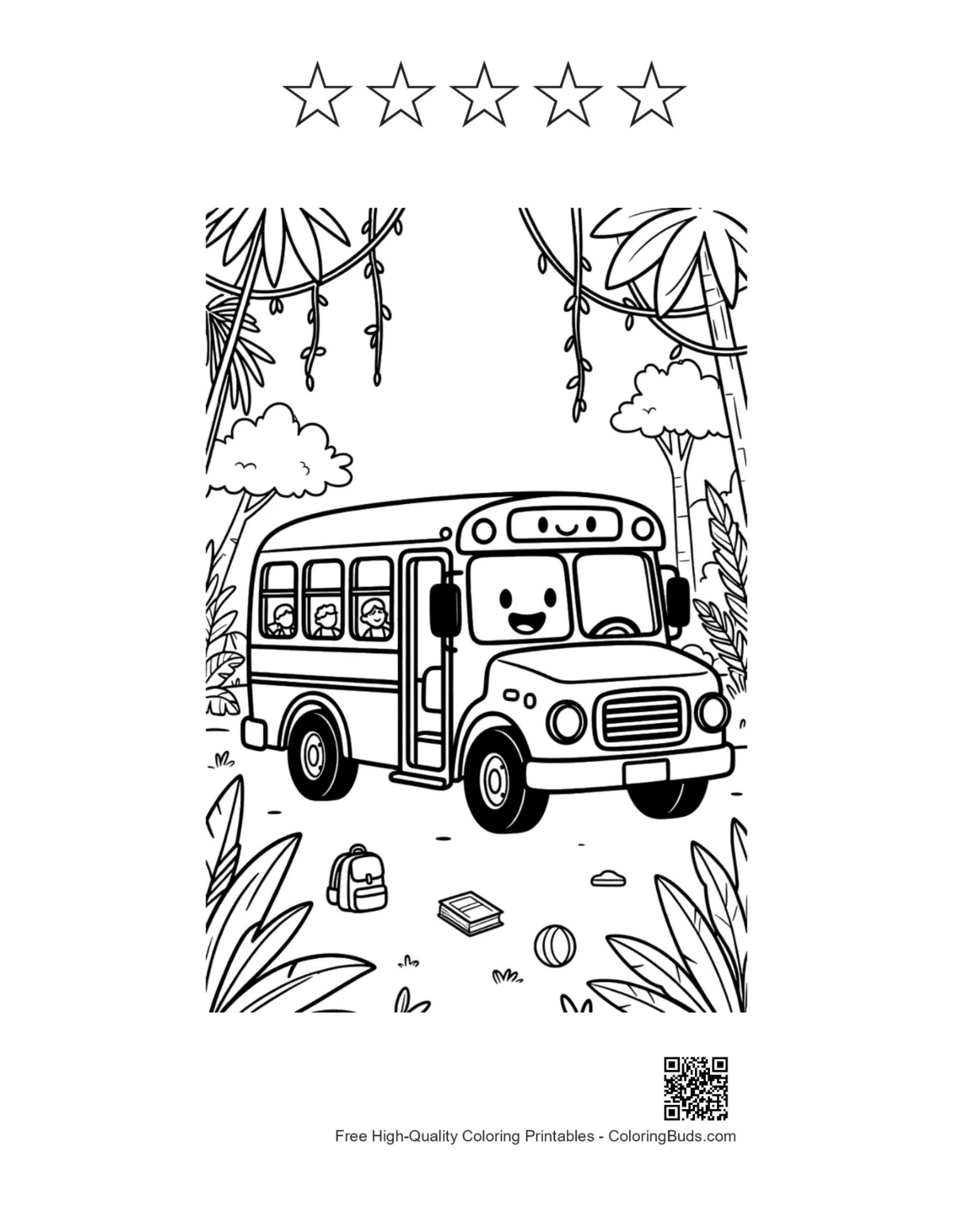 Yellow bus printable with 5 star outlines to color