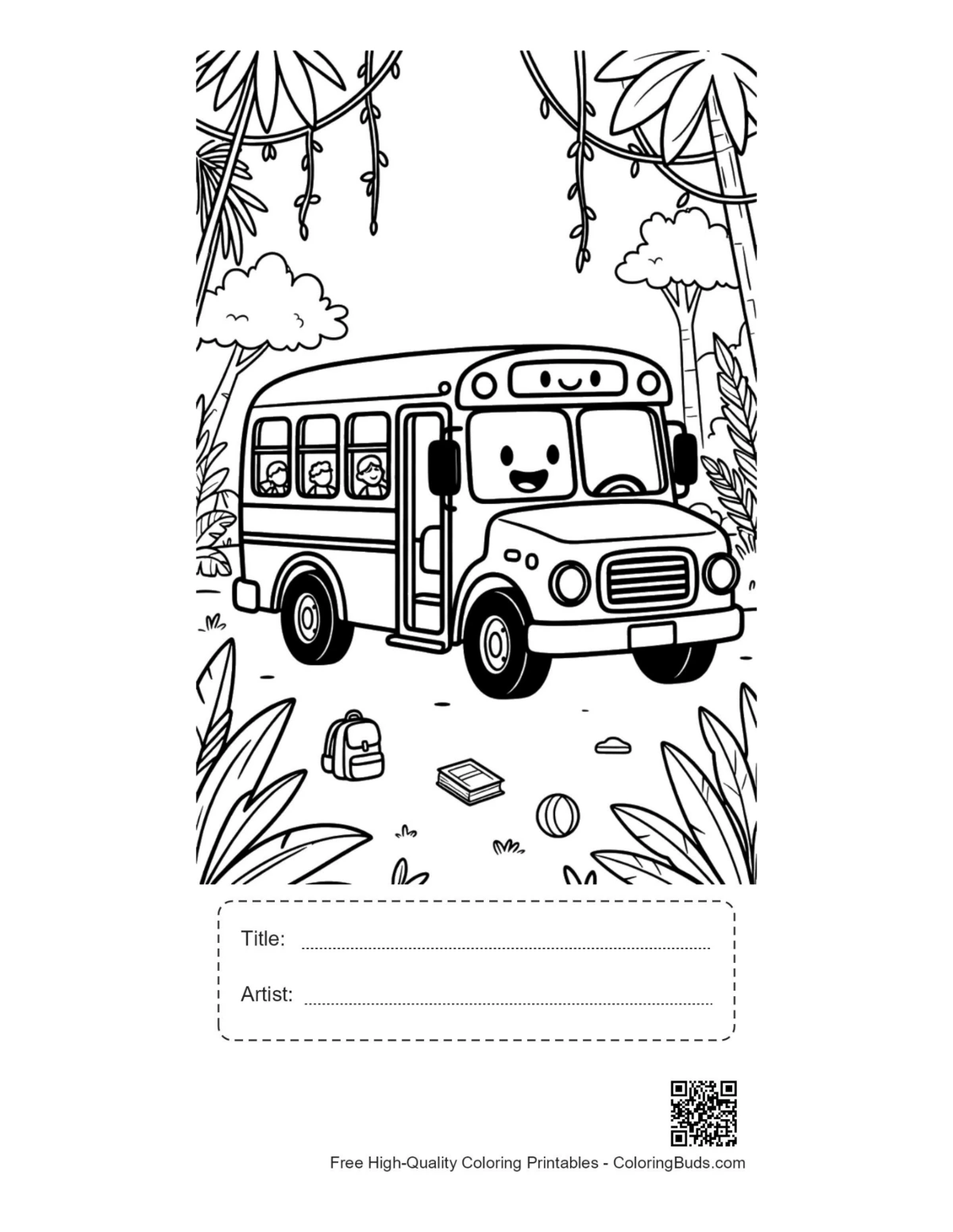 Yellow bus coloring printable with title artist box