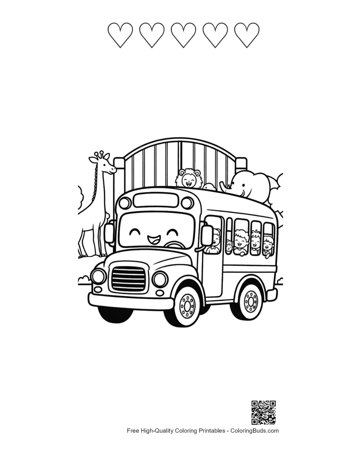 Yellow bus printable with 5 heart outlines