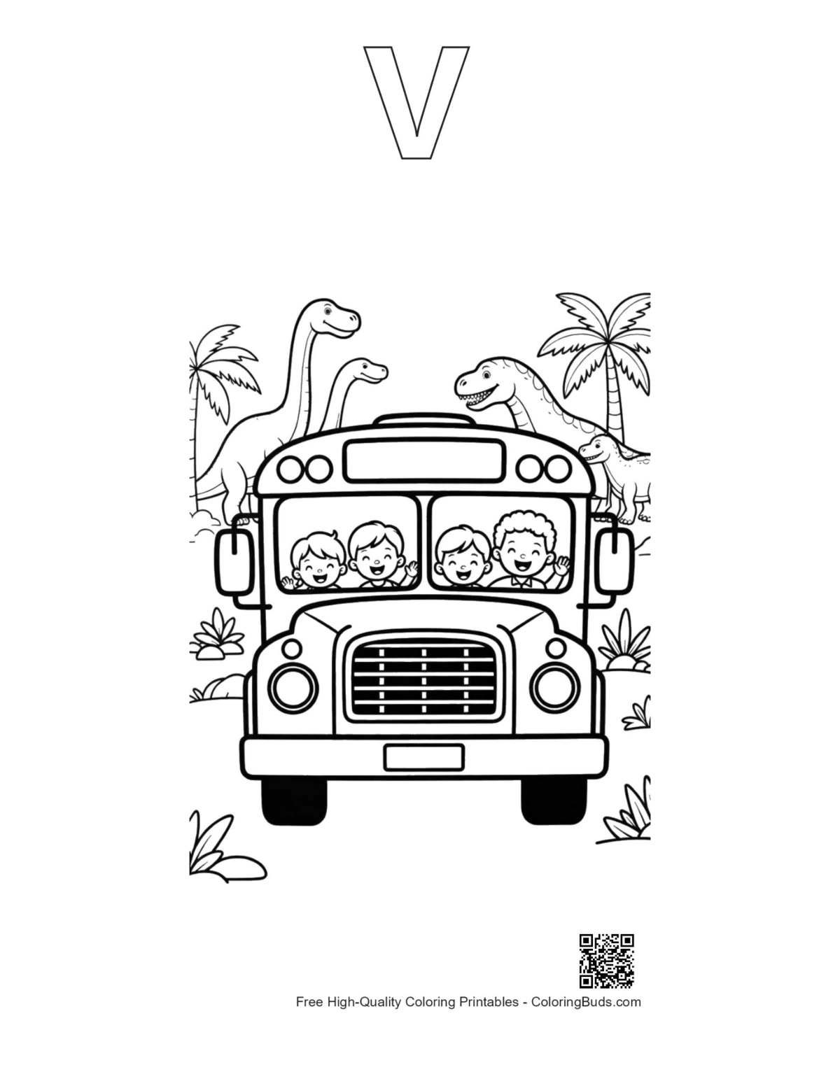 Yellow bus T-Rex outline alphabet V coloring page