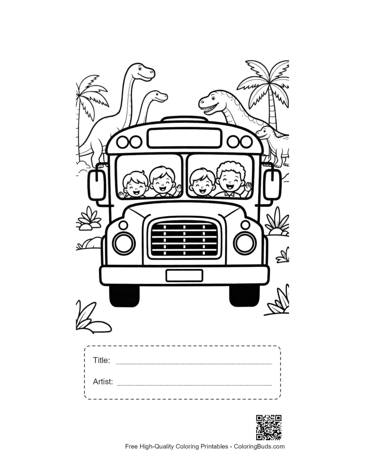 Yellow bus T-Rex kids printable with title artist box