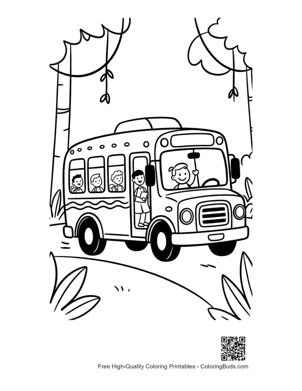 Yellow safari bus kids tropical plants coloring page