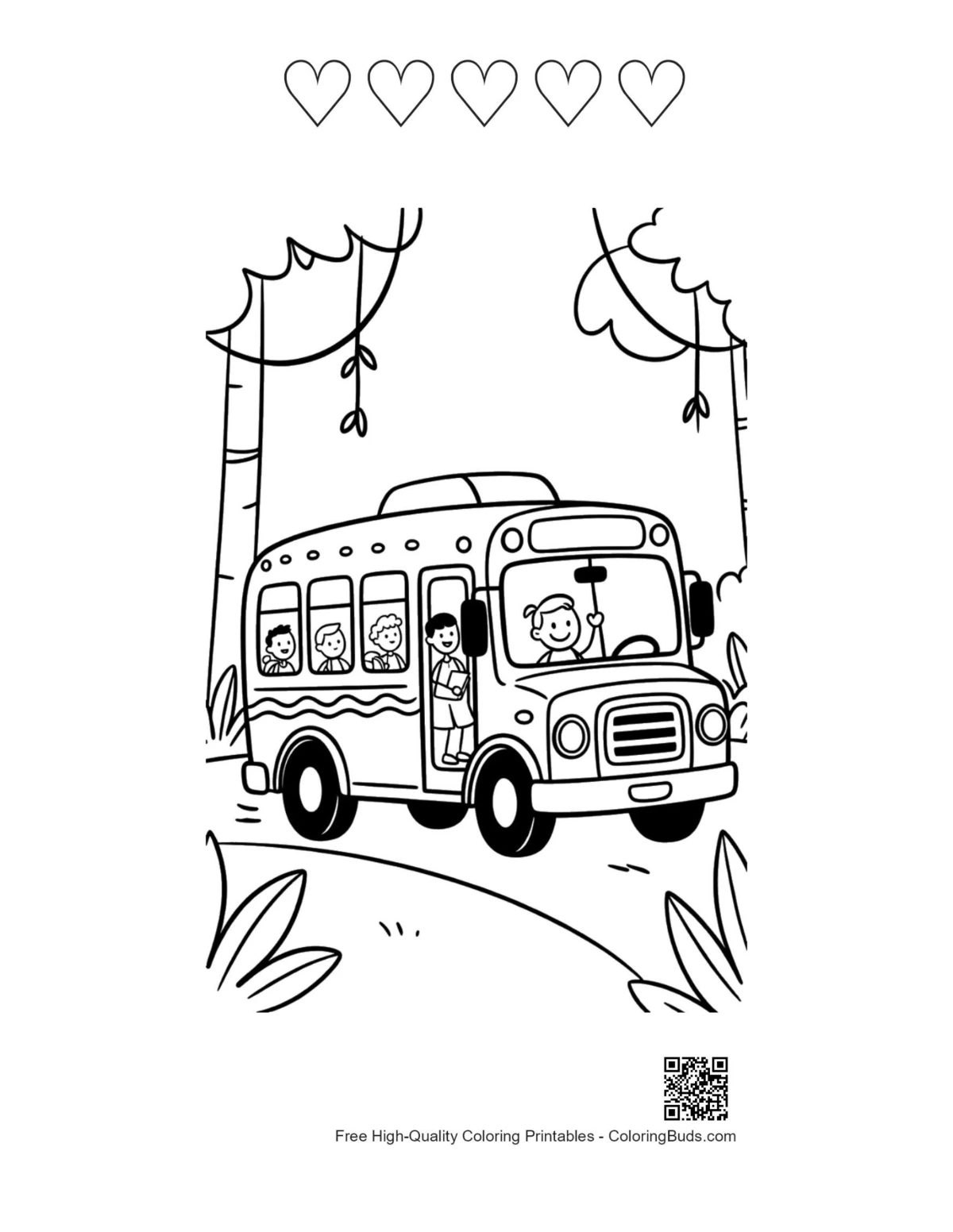 Yellow bus safari printable 5 heart outlines