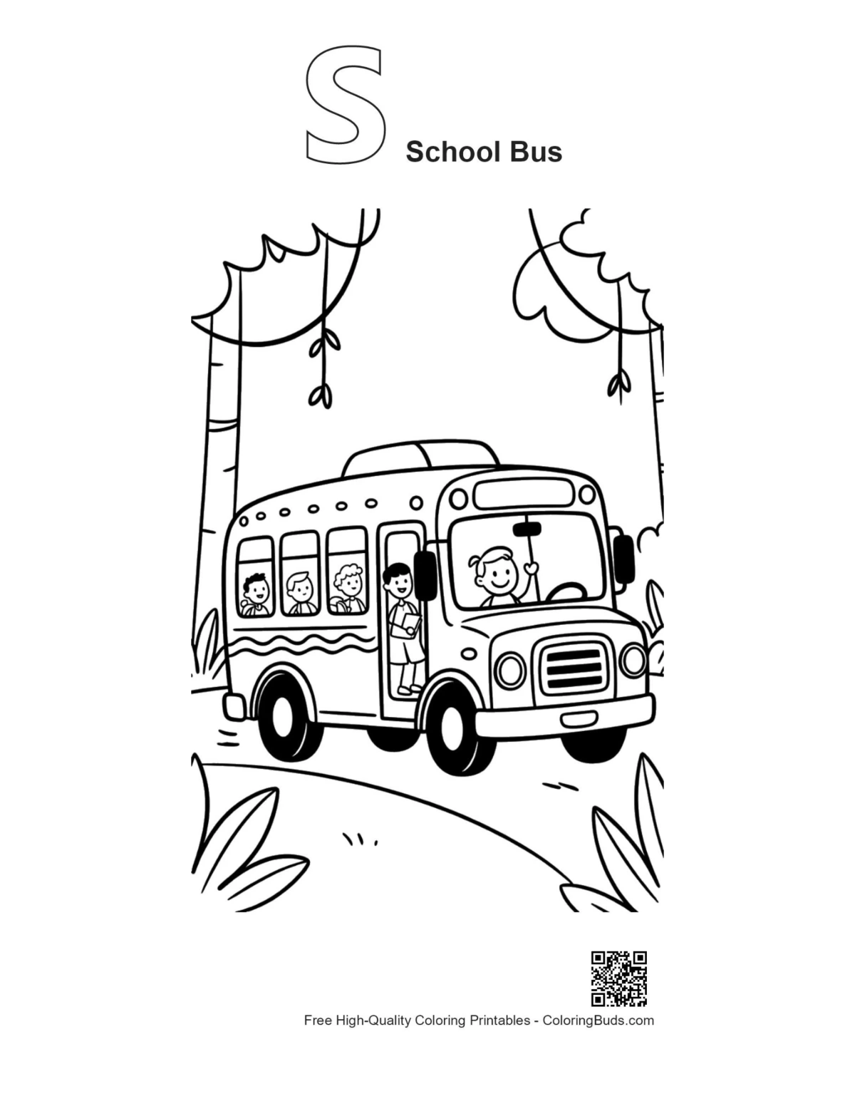 Outline alphabet S school bus safari printable
