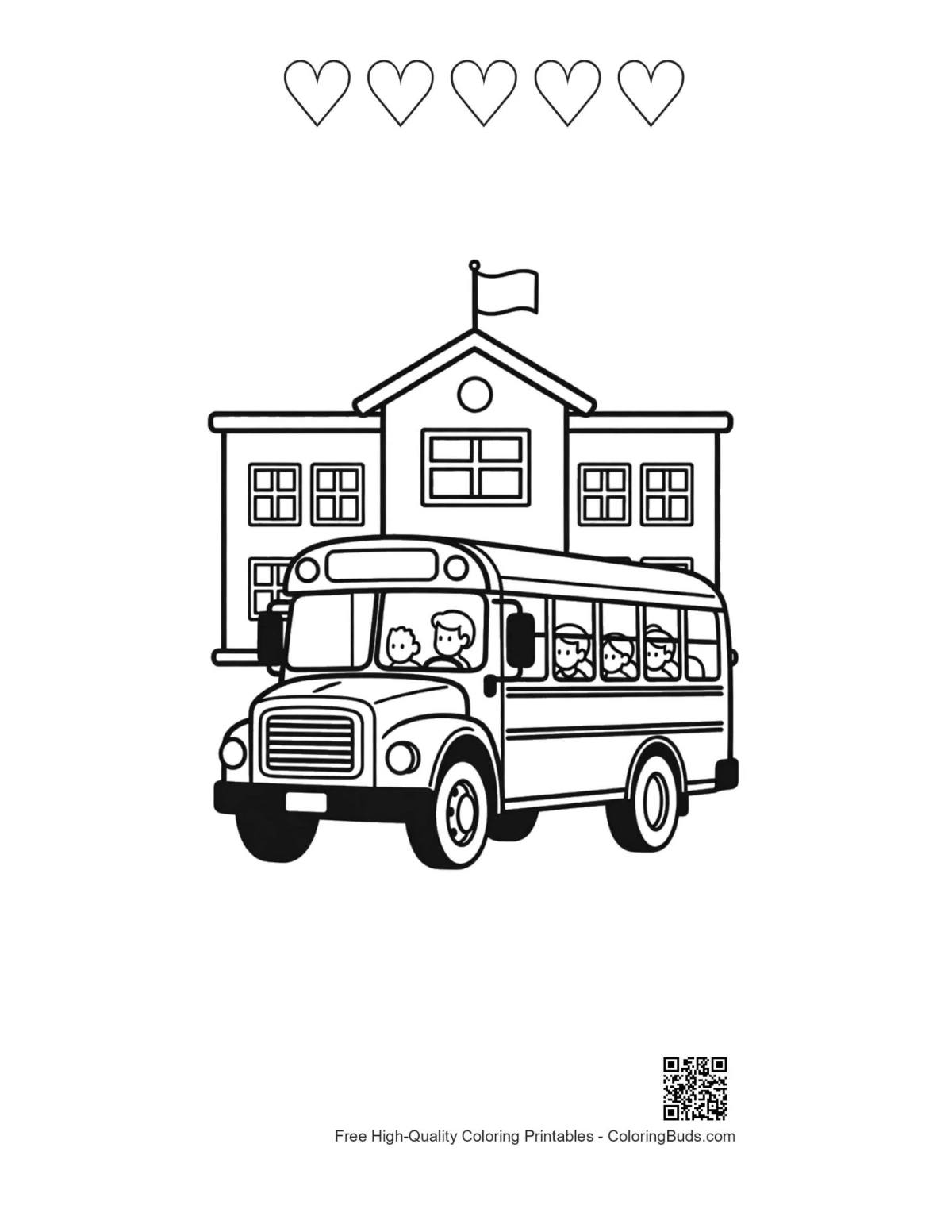 Yellow bus coloring sheet with 5 heart outlines