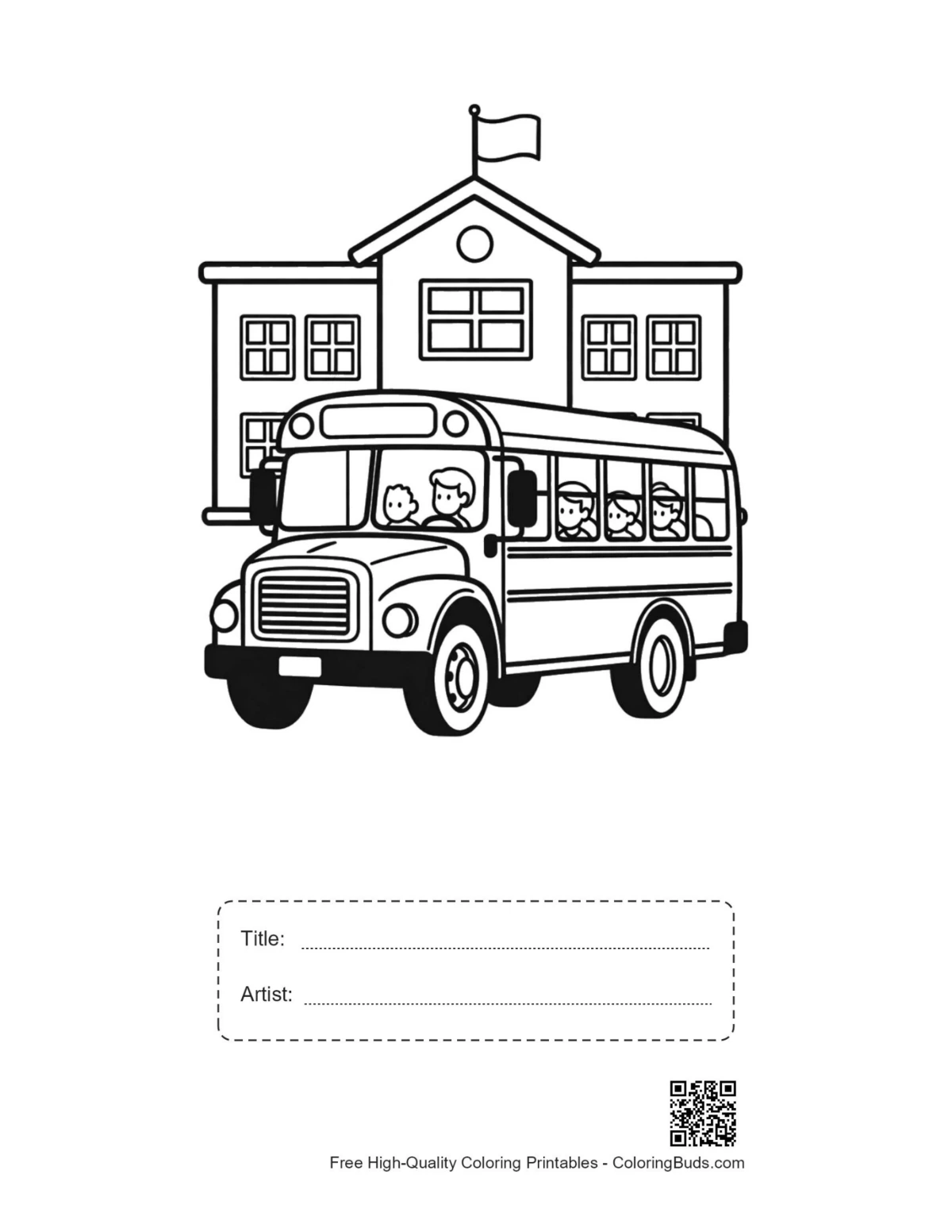 Printable school bus with title artist box coloring page