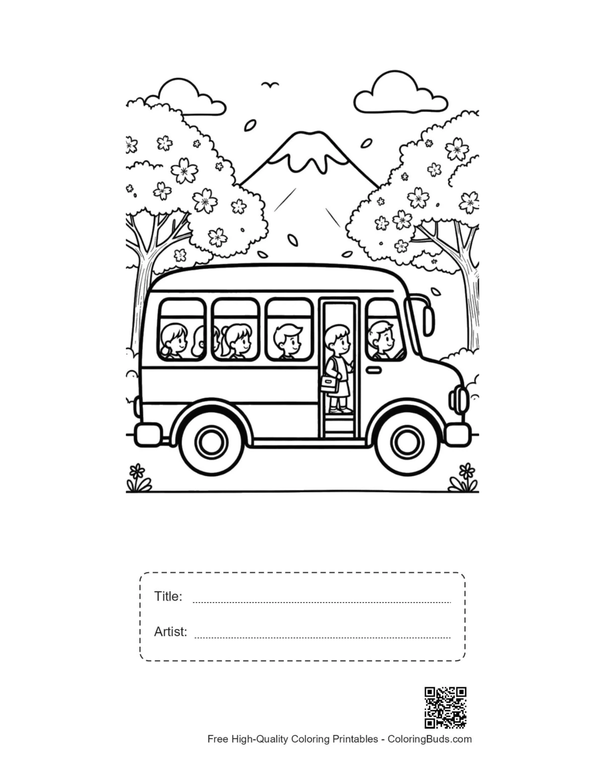 Yellow bus journey printable with title artist box mountains