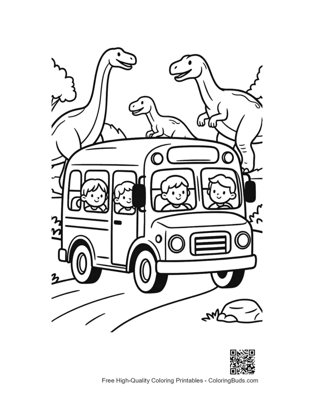 Yellow school bus prehistoric dinosaurs adventure coloring printable